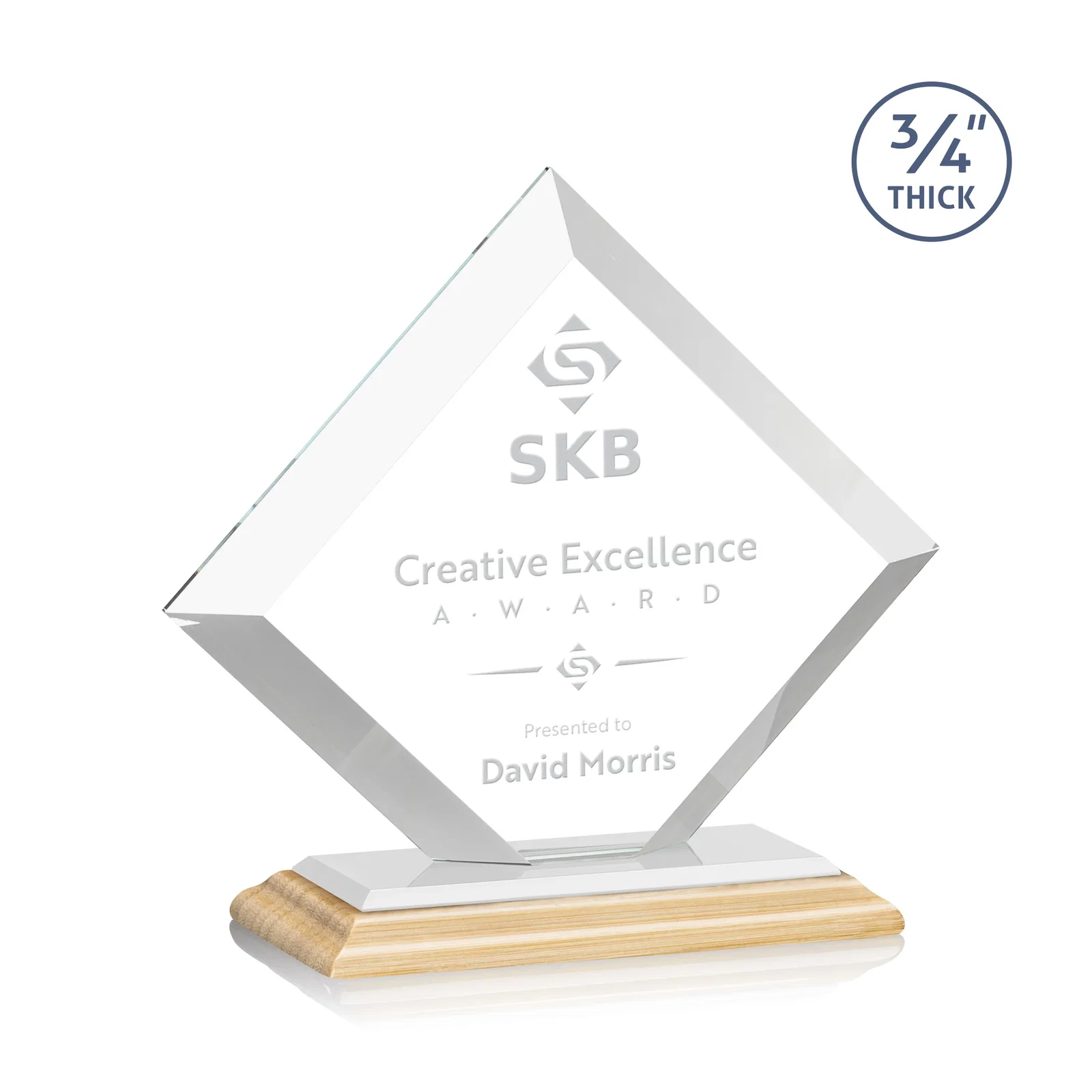 Custom engraved Mitered-Edge Starfire Crystal Diamond Award on a Bamboo Base for team milestone celebrations
