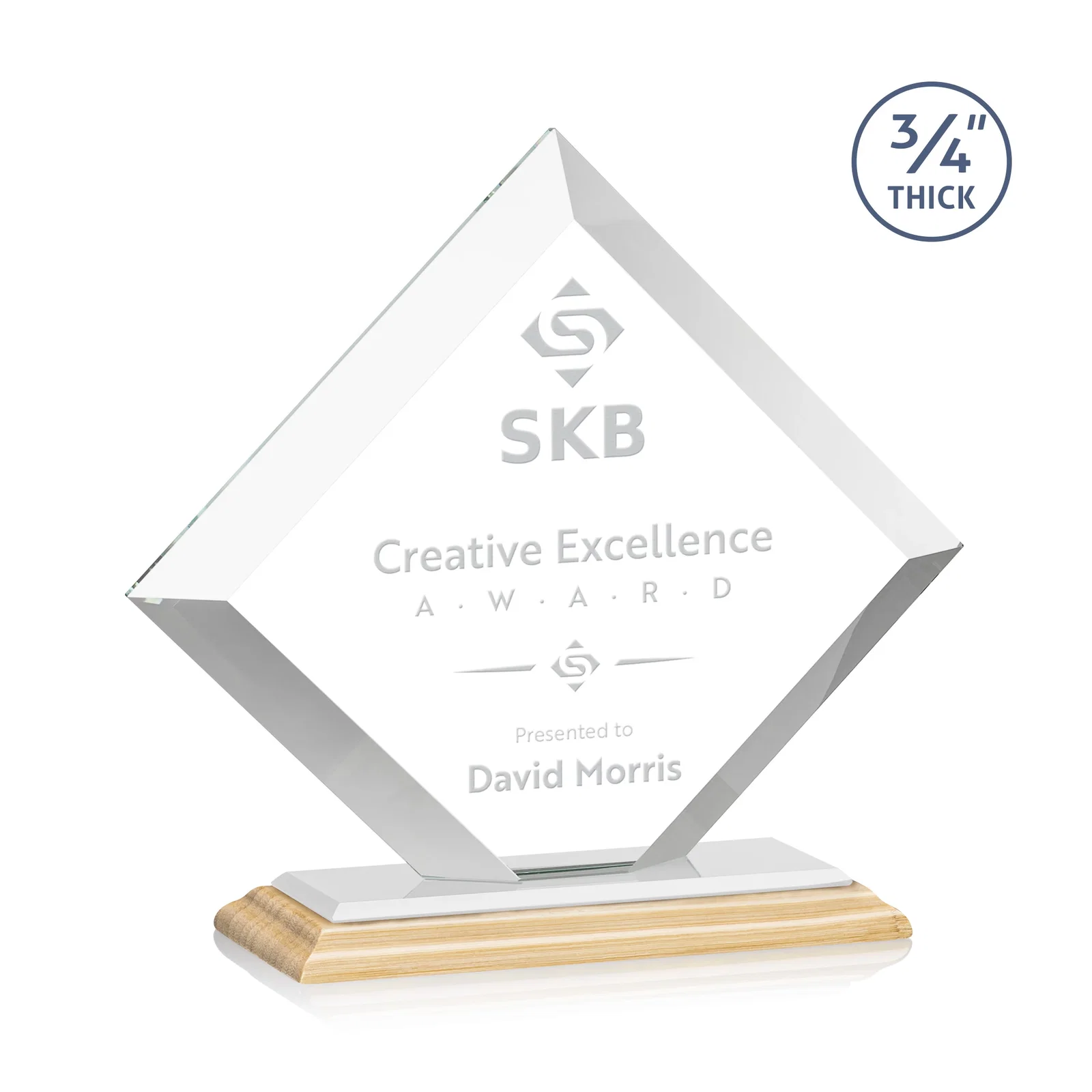Custom engraved Mitered-Edge Starfire Crystal Diamond Award on a Bamboo Base for donor appreciation
