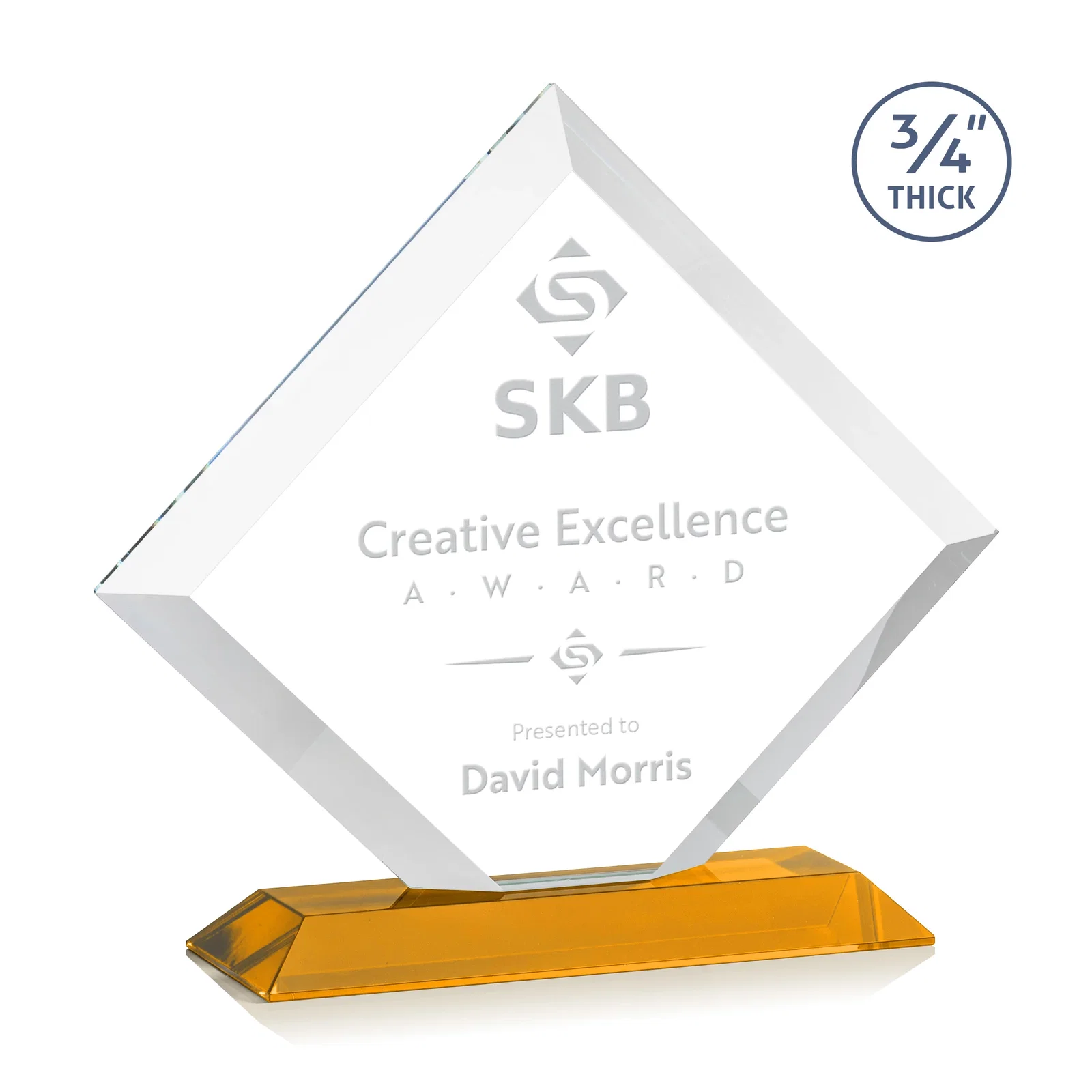 Custom Mitered-Edge Starfire Crystal Diamond Award on a Bamboo Base for graduation ceremonies