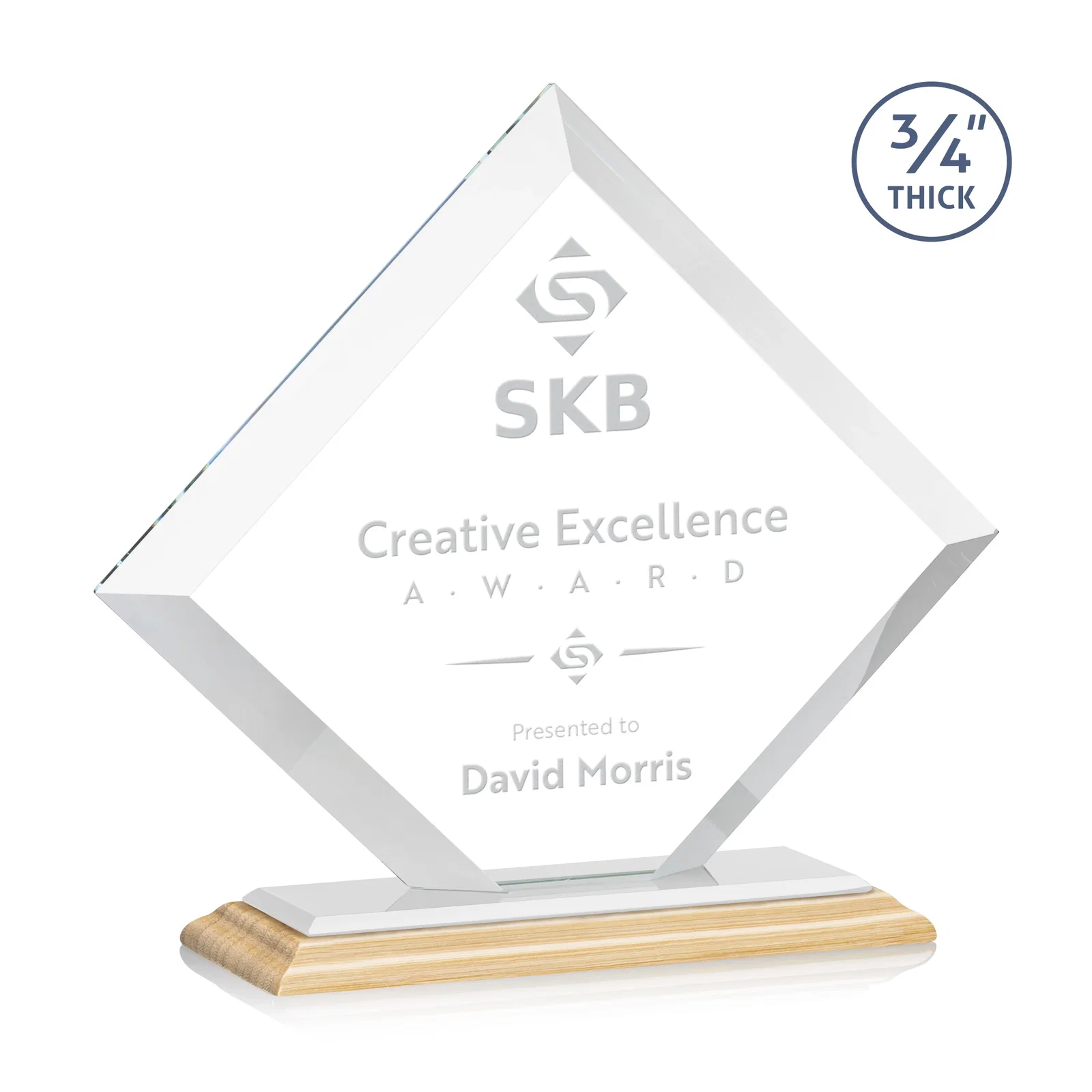 Custom engraved Mitered-Edge Starfire Crystal Diamond Award on a Bamboo Base for graduation ceremonies