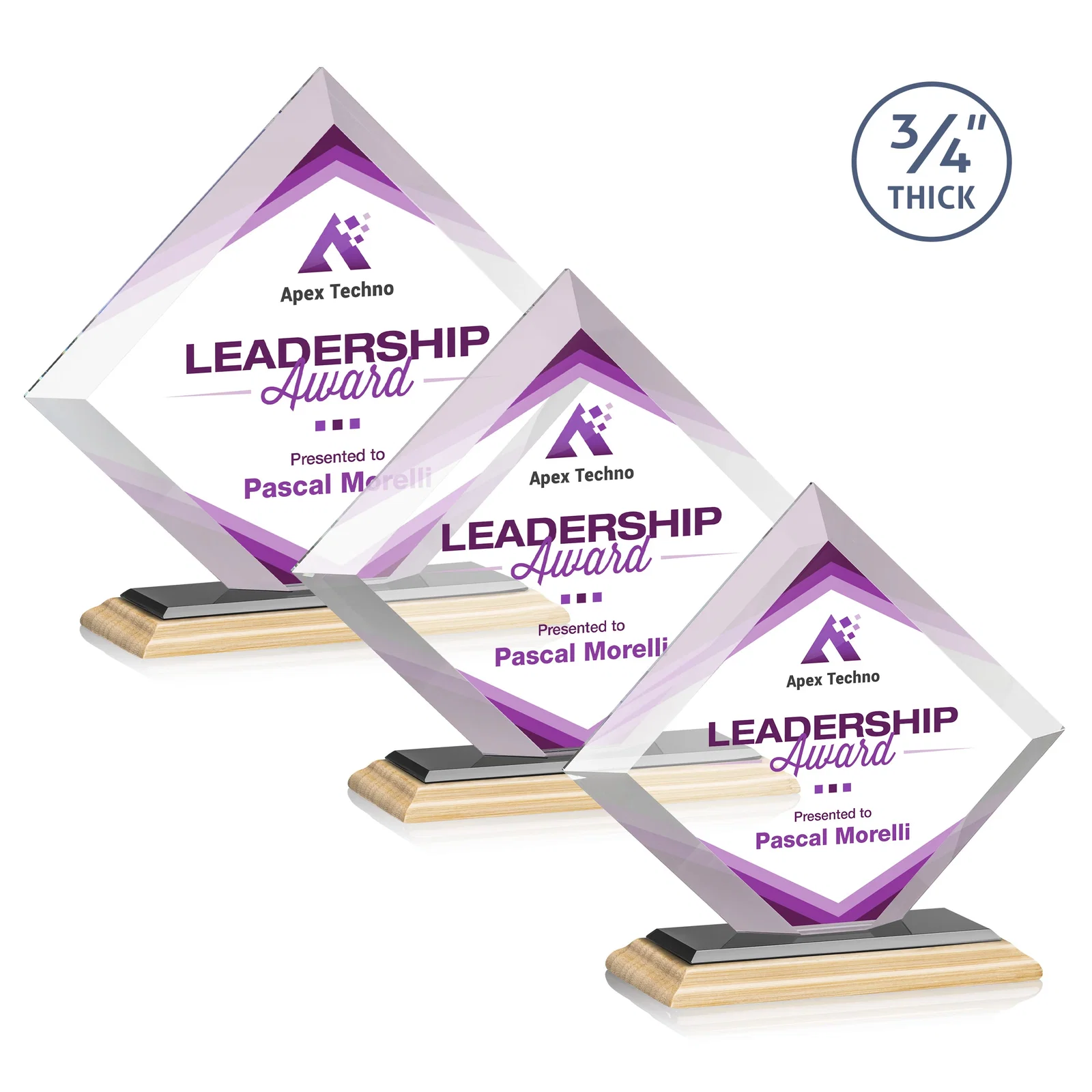 Custom engraved Mitered-Edge Starfire Crystal Diamond Award on a Bamboo Base for safety achievement programs