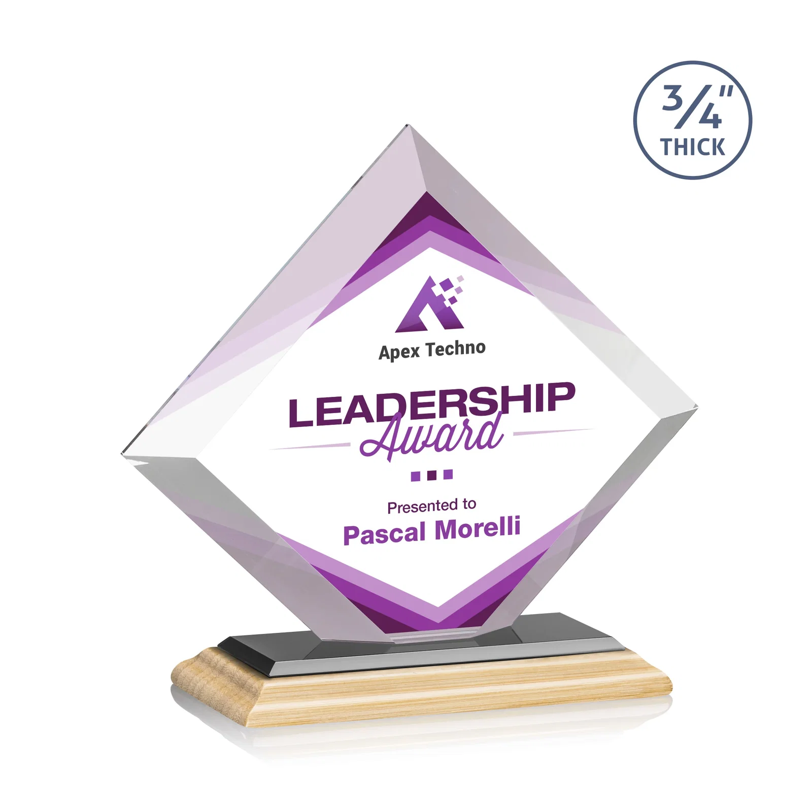 Custom engraved Mitered-Edge Starfire Crystal Diamond Award on a Bamboo Base for volunteer appreciation