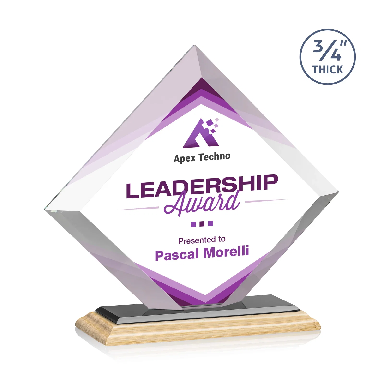 Custom engraved Mitered-Edge Starfire Crystal Diamond Award on a Bamboo Base for dealer and partner awards