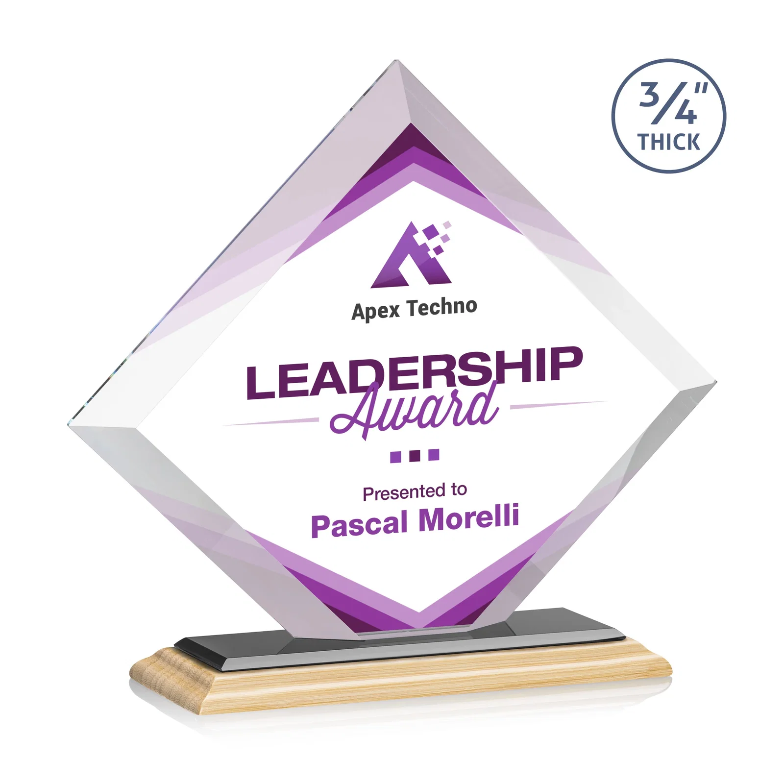 Custom engraved Mitered-Edge Starfire Crystal Diamond Award on a Bamboo Base for company anniversary events