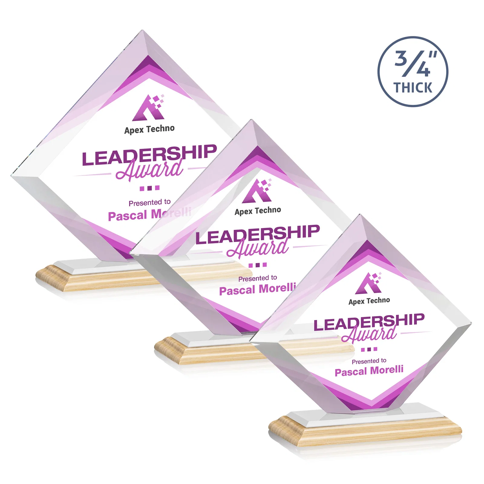Custom Mitered-Edge Starfire Crystal Diamond Award on a Bamboo Base, with your logo for employee recognition