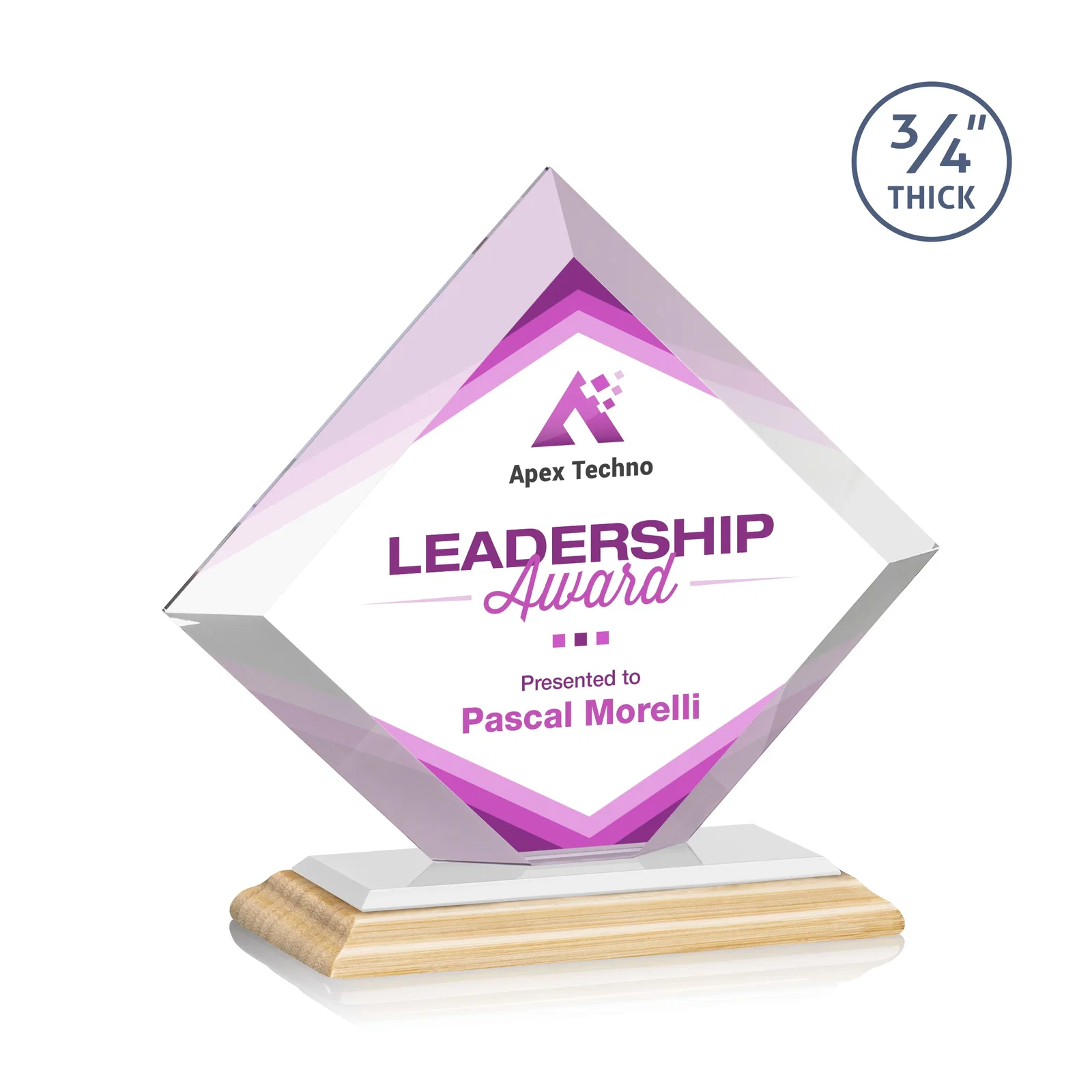 Custom Mitered-Edge Starfire Crystal Diamond Award on a Bamboo Base, with your logo for corporate award ceremonies
