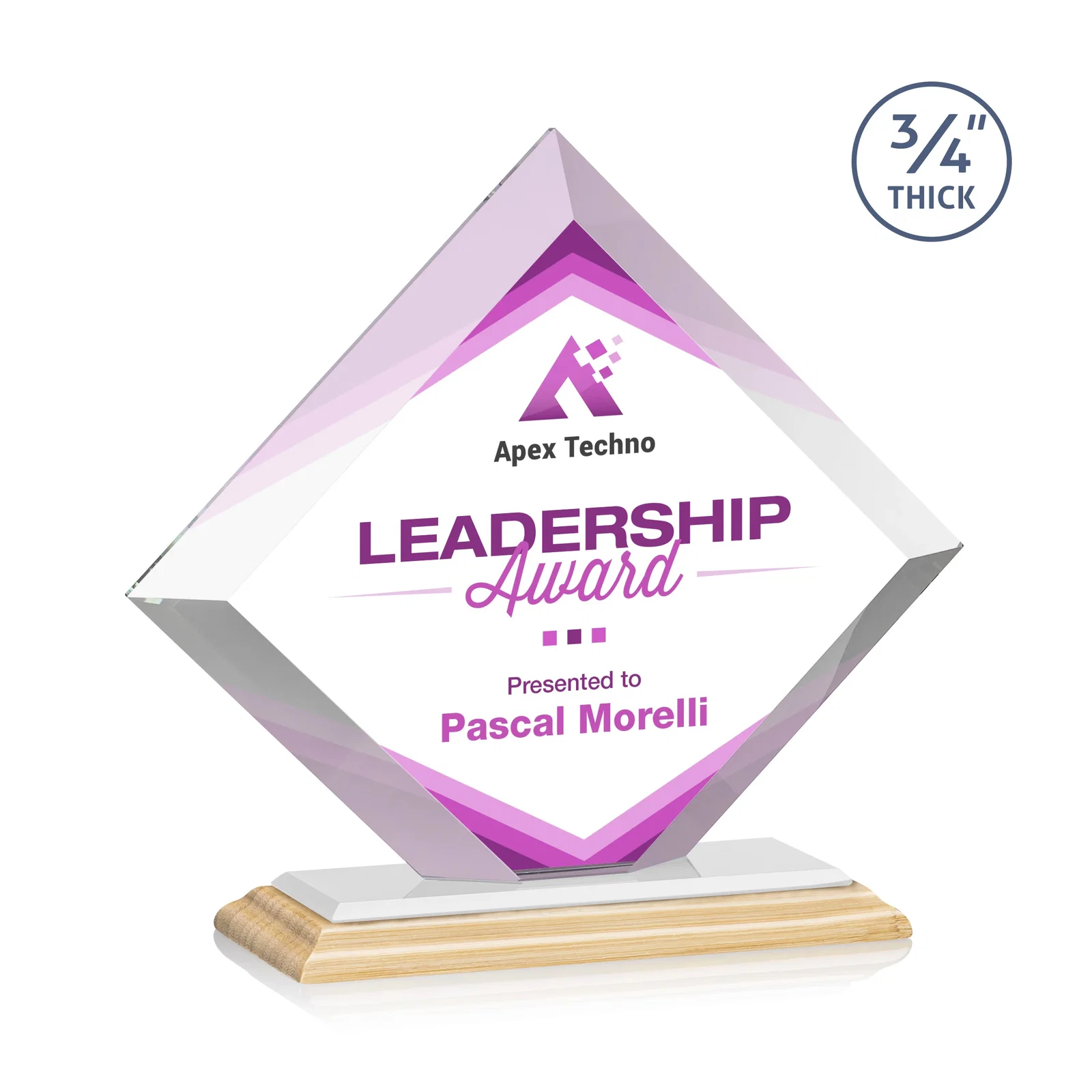 Custom Mitered-Edge Starfire Crystal Diamond Award on a Bamboo Base, with your logo for service anniversary gifts