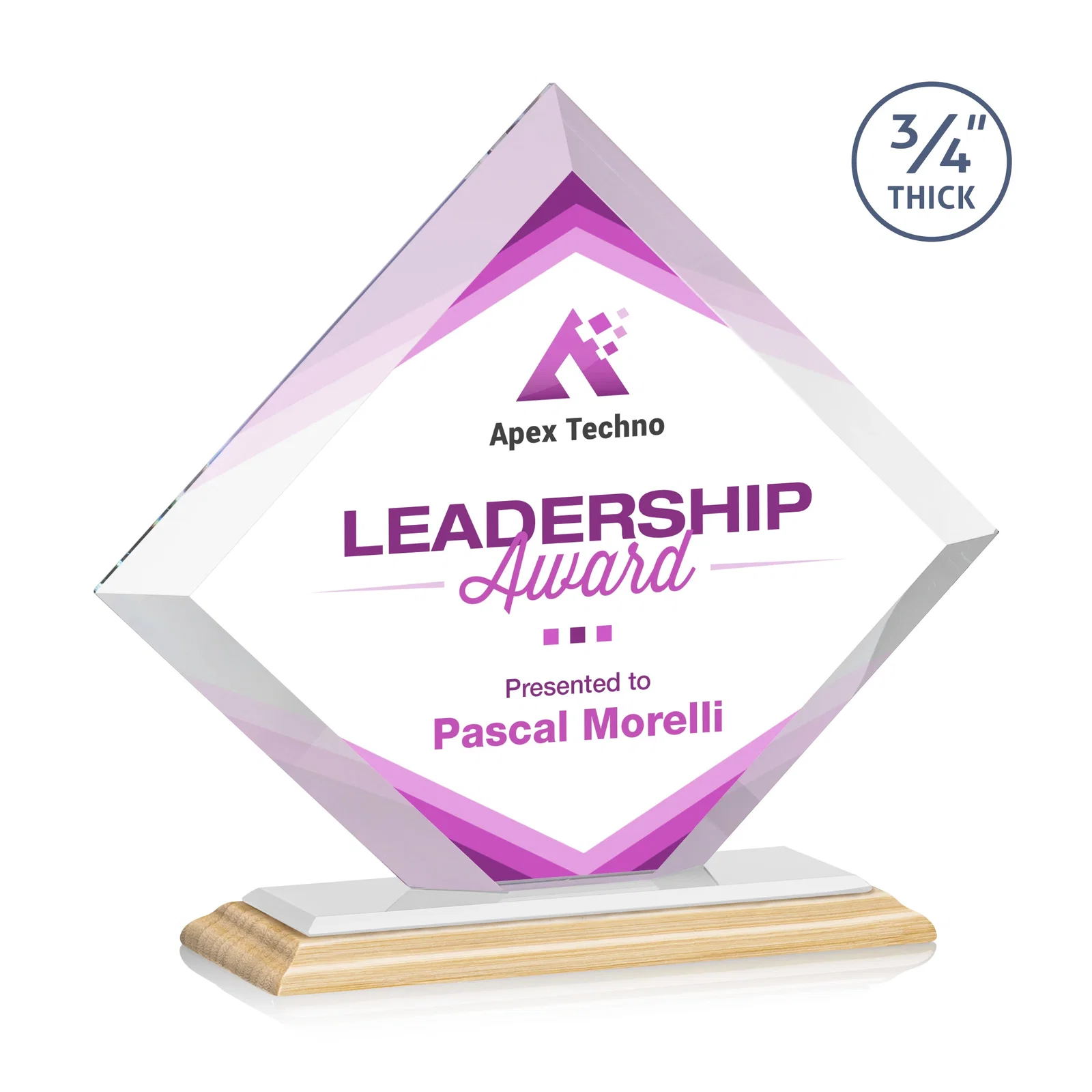 Custom Mitered-Edge Starfire Crystal Diamond Award on a Bamboo Base, with your logo for sales achievement awards