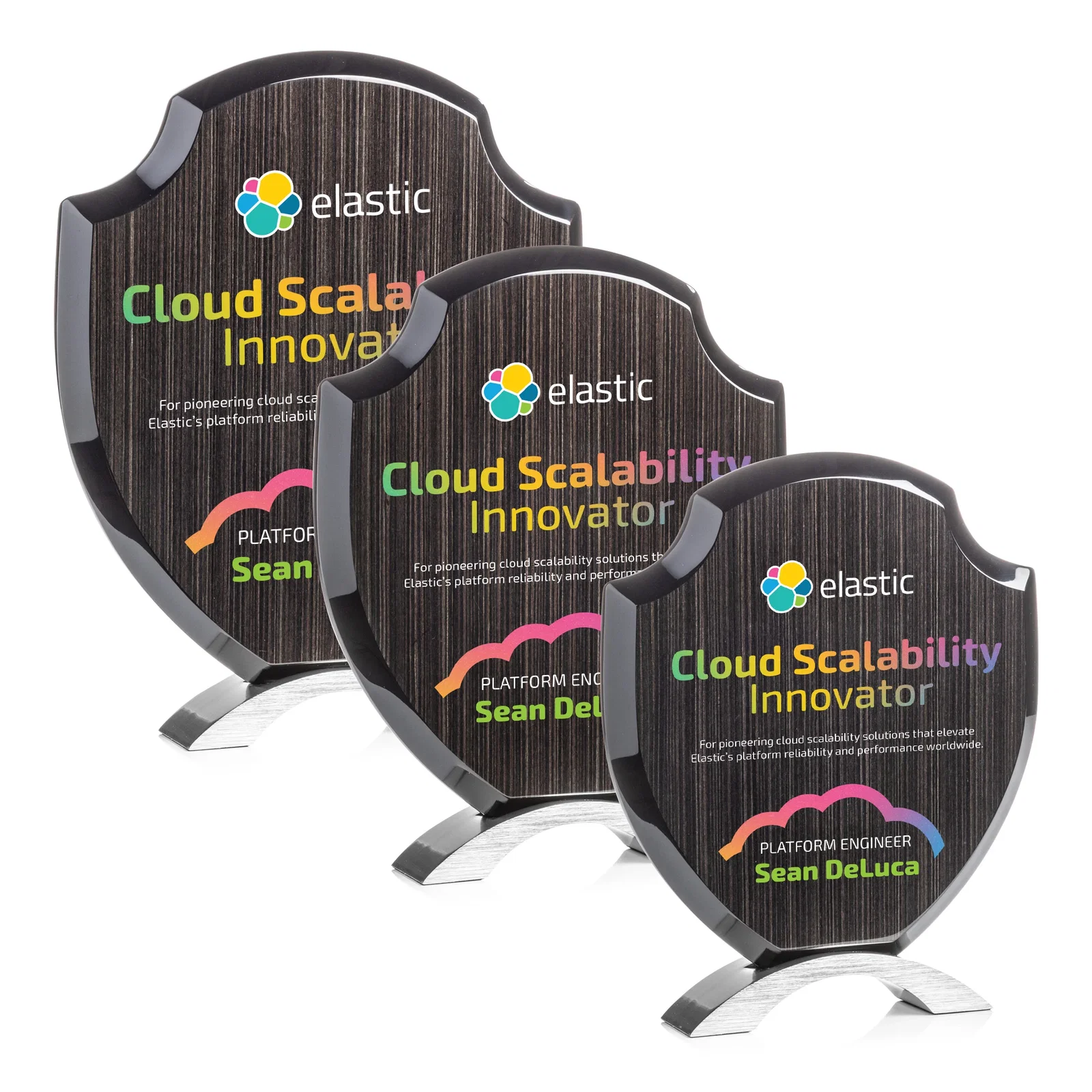 Personalized Slatewood Composite Shield Award with High-Gloss Beveled Edges for employee recognition