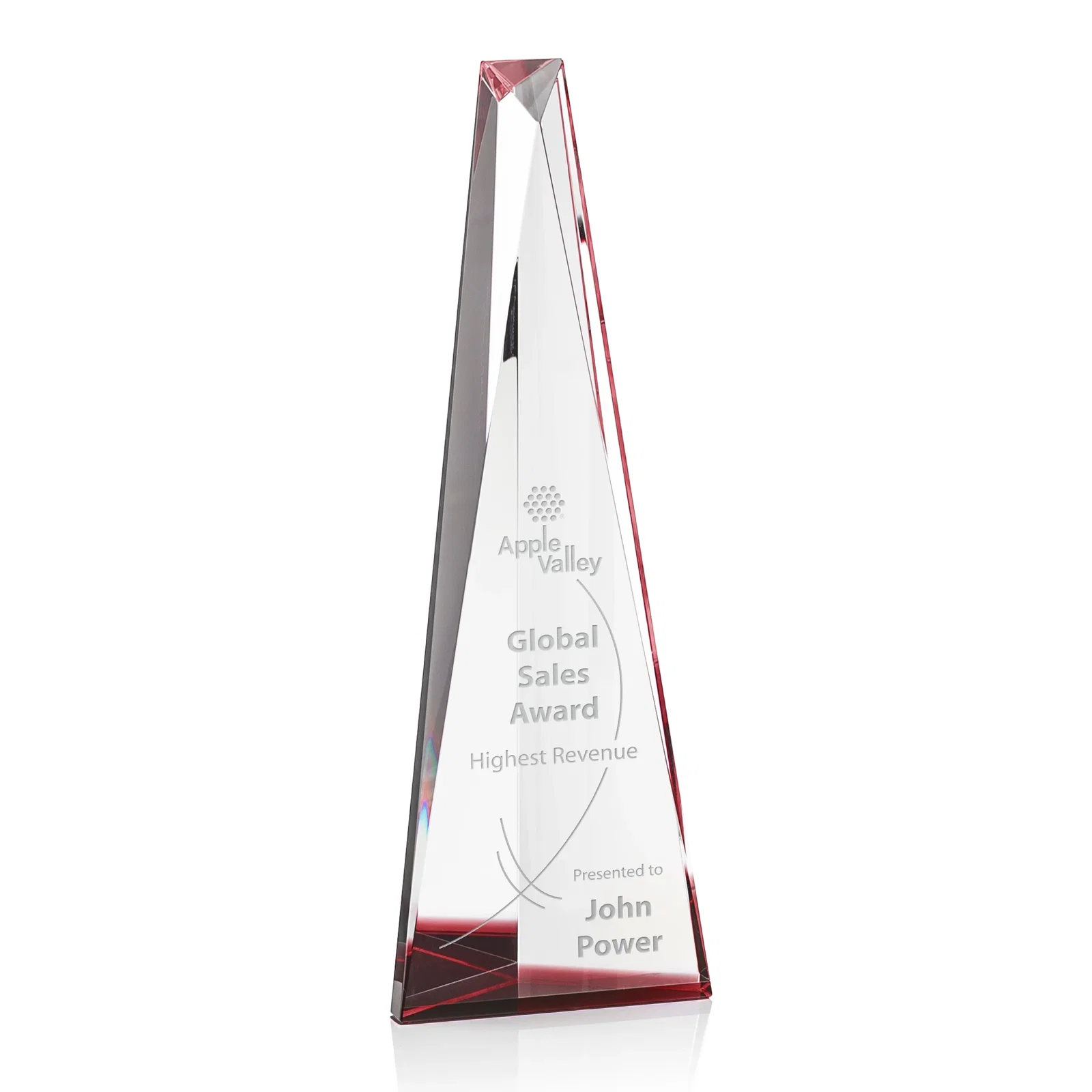 Custom Optical Crystal Prism Award, Cobalt Base Refracts Blue Light for company anniversary events
