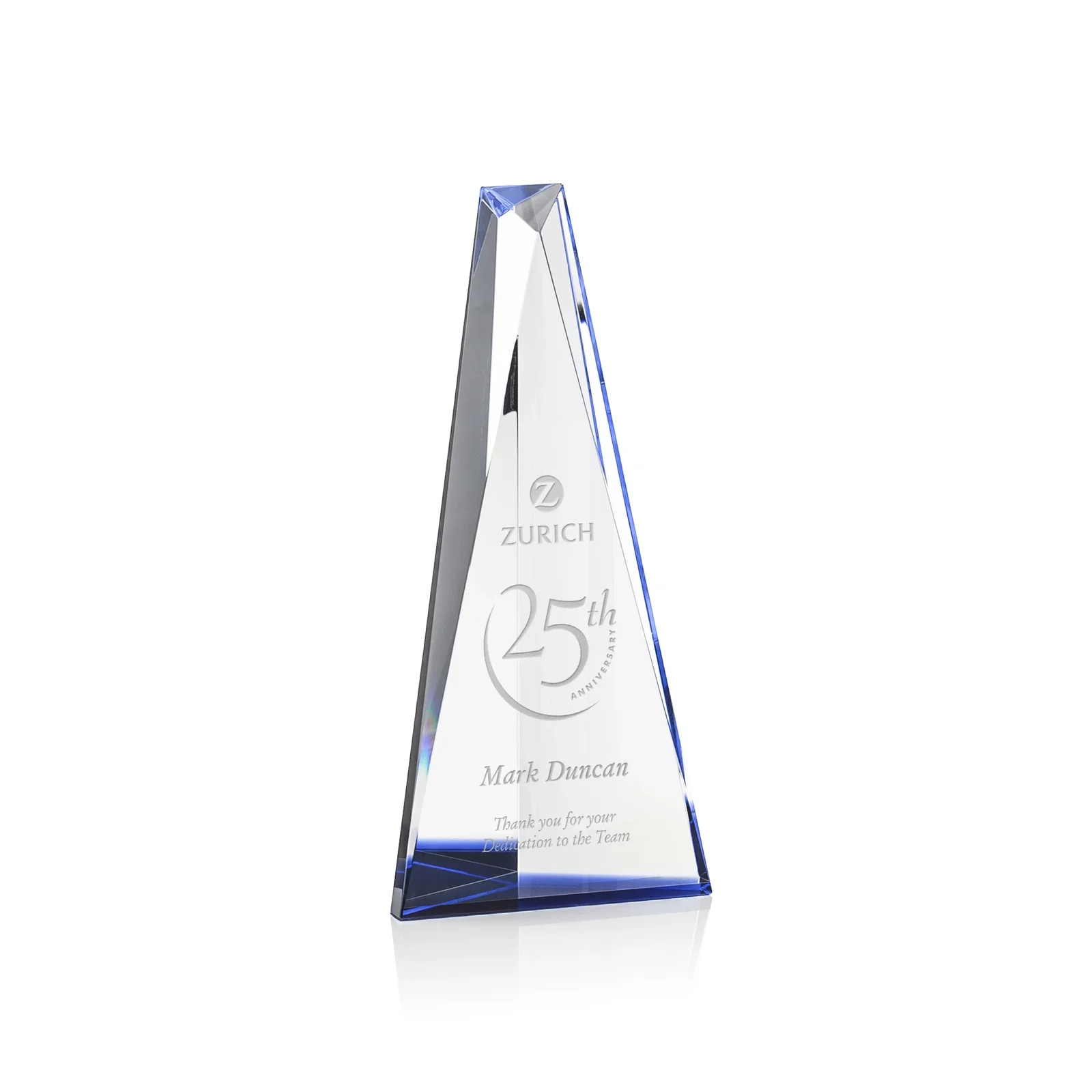 Custom Optical Crystal Prism Award, Cobalt Base Refracts Blue Light for corporate award ceremonies