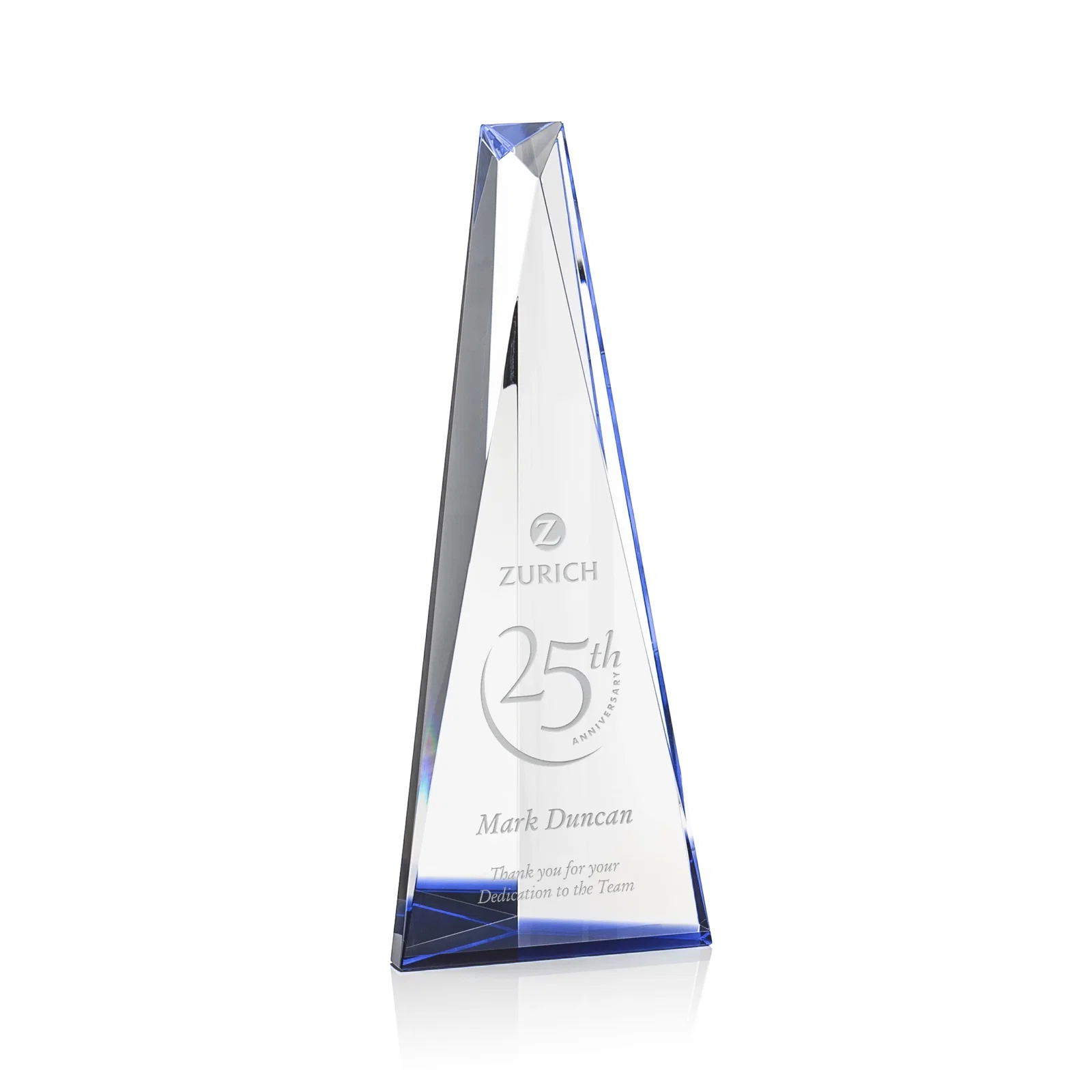 Custom Optical Crystal Prism Award, Cobalt Base Refracts Blue Light for service anniversary gifts