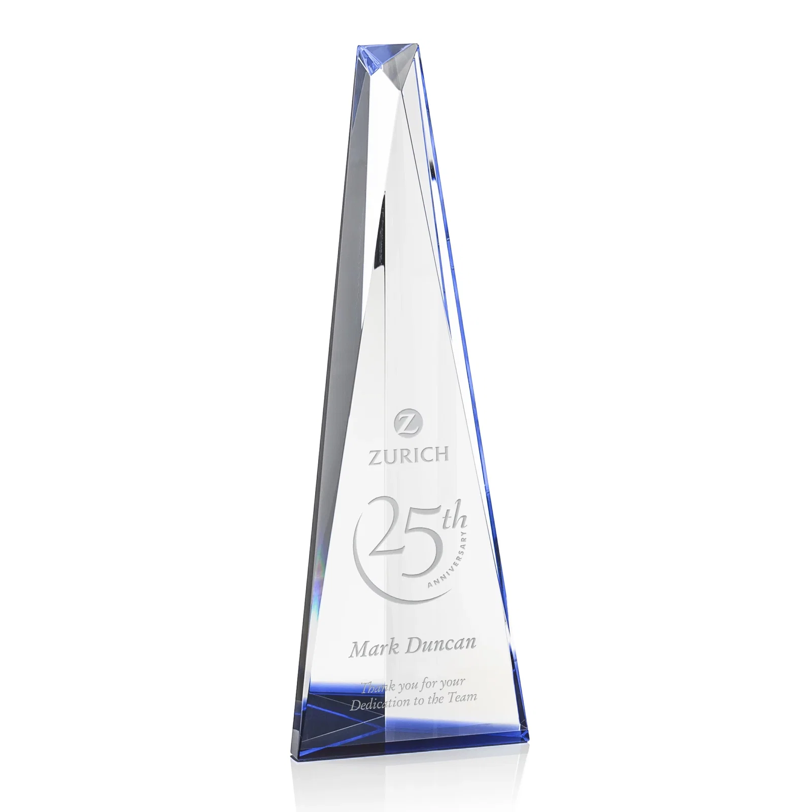 Custom Optical Crystal Prism Award, Cobalt Base Refracts Blue Light for sales achievement awards