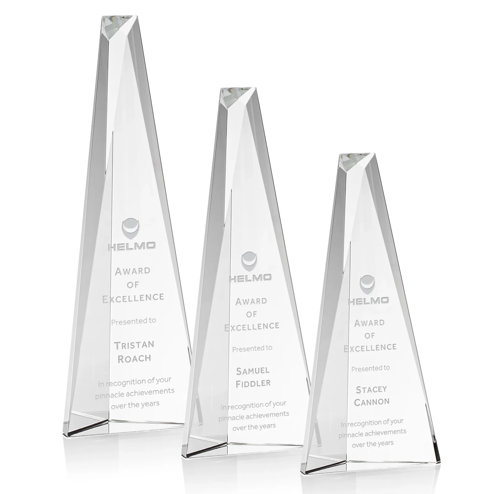 Custom Optical Crystal Prism Award, Cobalt Base Refracts Blue Light for retirement presentations