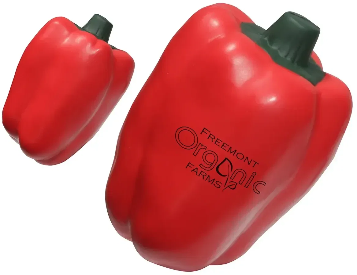 Side view of the custom Bell Pepper Stress Reliever showing the colorful branded foam squeeze toy imprint area