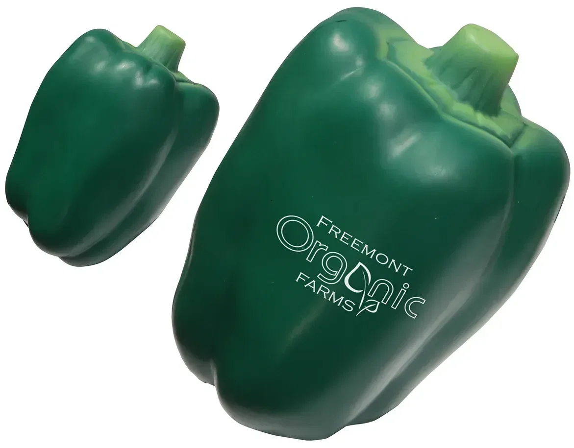 Close-up of the custom Bell Pepper Stress Reliever, a promotional foam pepper squeeze toy for branded logo gifts