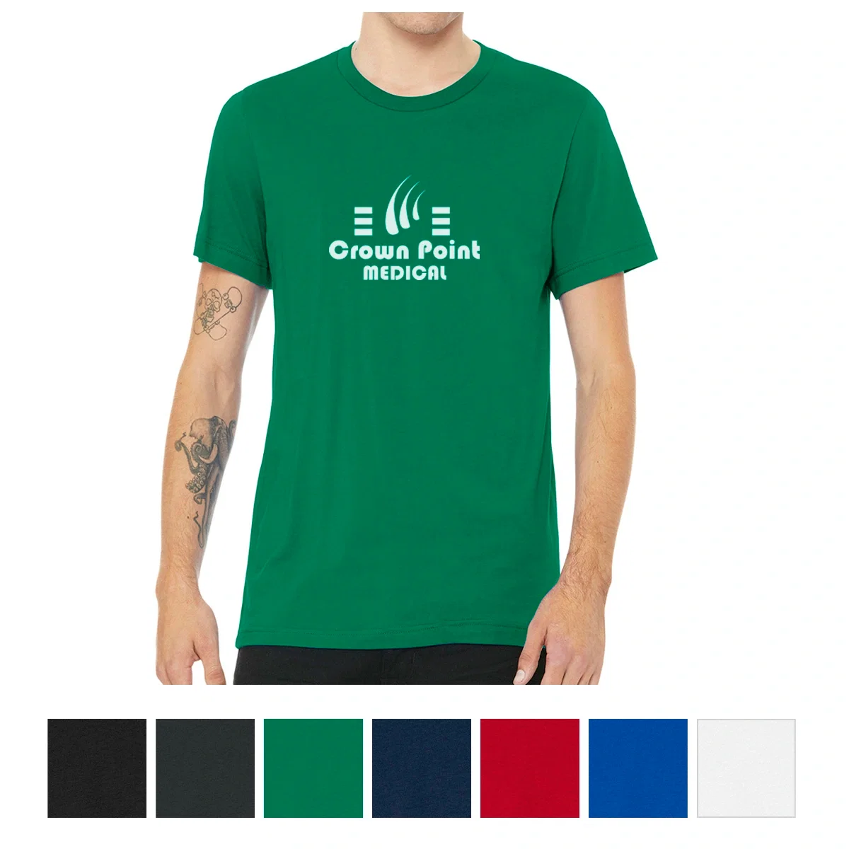 Unisex jersey tee laid flat with short sleeves spread