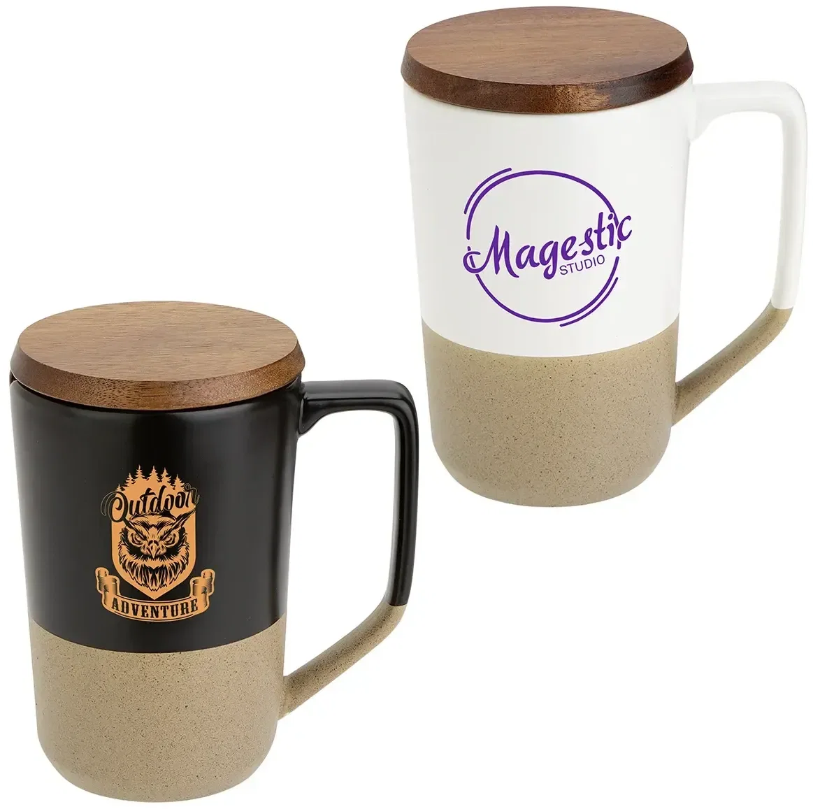 Custom Bellaria 15 oz ceramic mug with wood lid, front view of the branded coffee mug