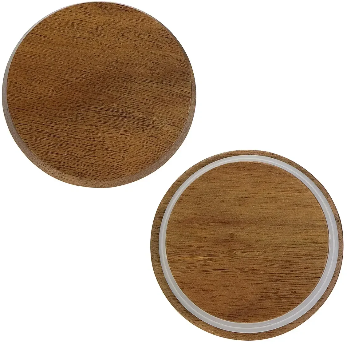 Branded Bellaria ceramic mug side profile showing the wood lid, promotional drinkware