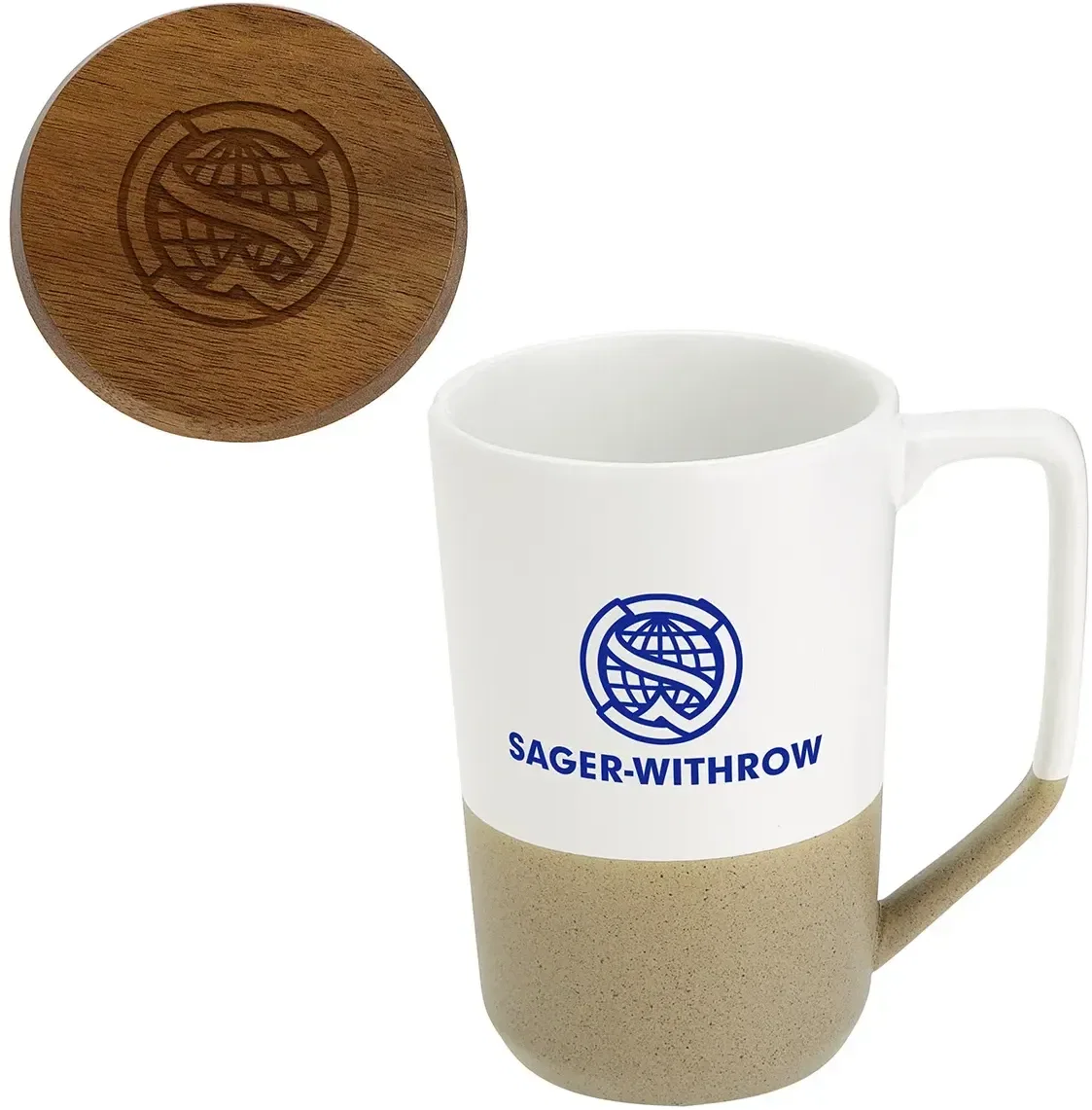 Custom Bellaria mug with the wood lid off revealing the tea-bag rim groove