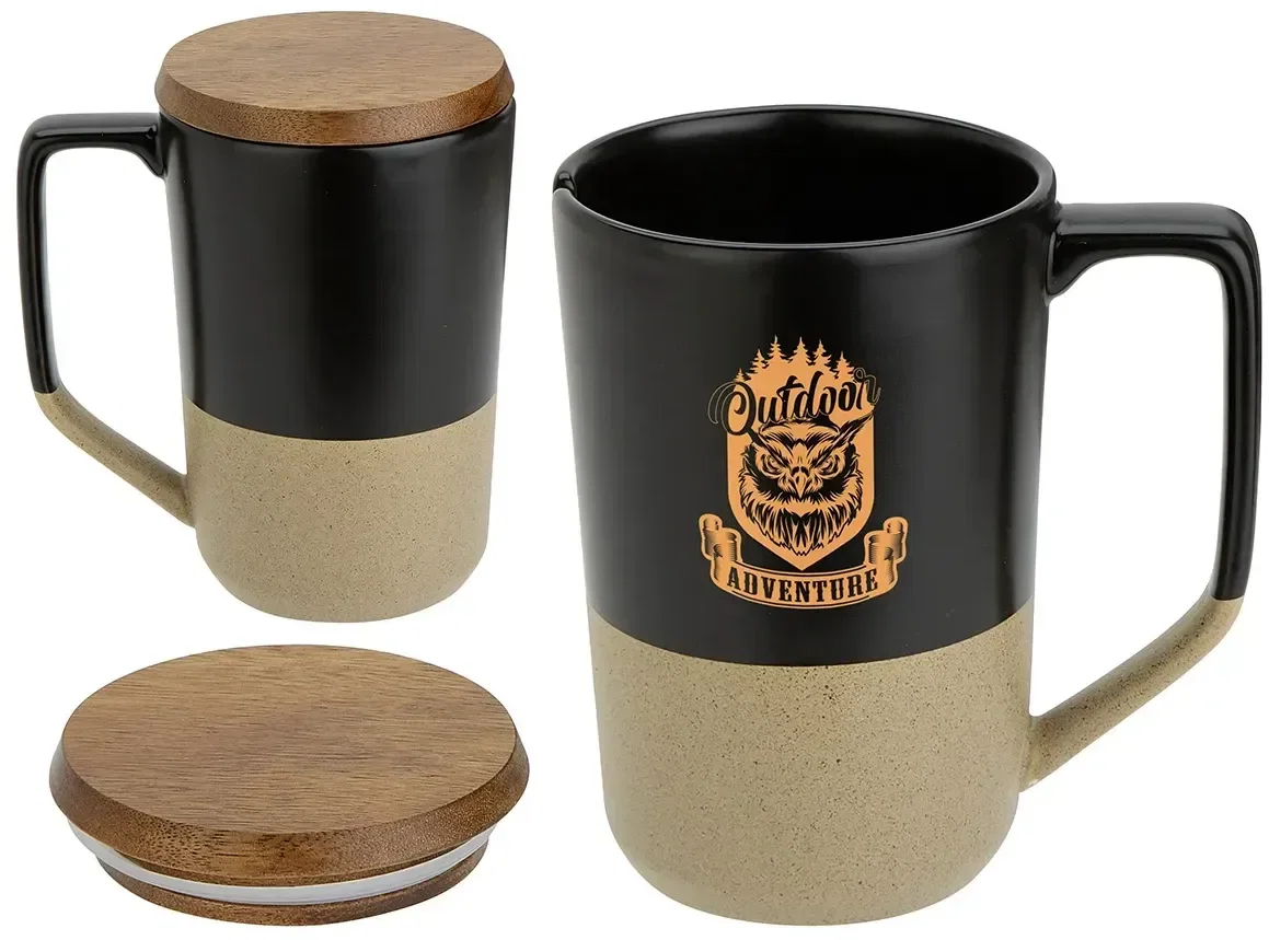 Promotional Bellaria 15 oz ceramic mug close-up of the logo imprint area