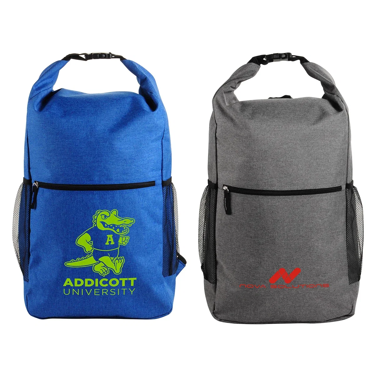 Custom Bellerive Roll Top Backpack, front view of the branded backpack