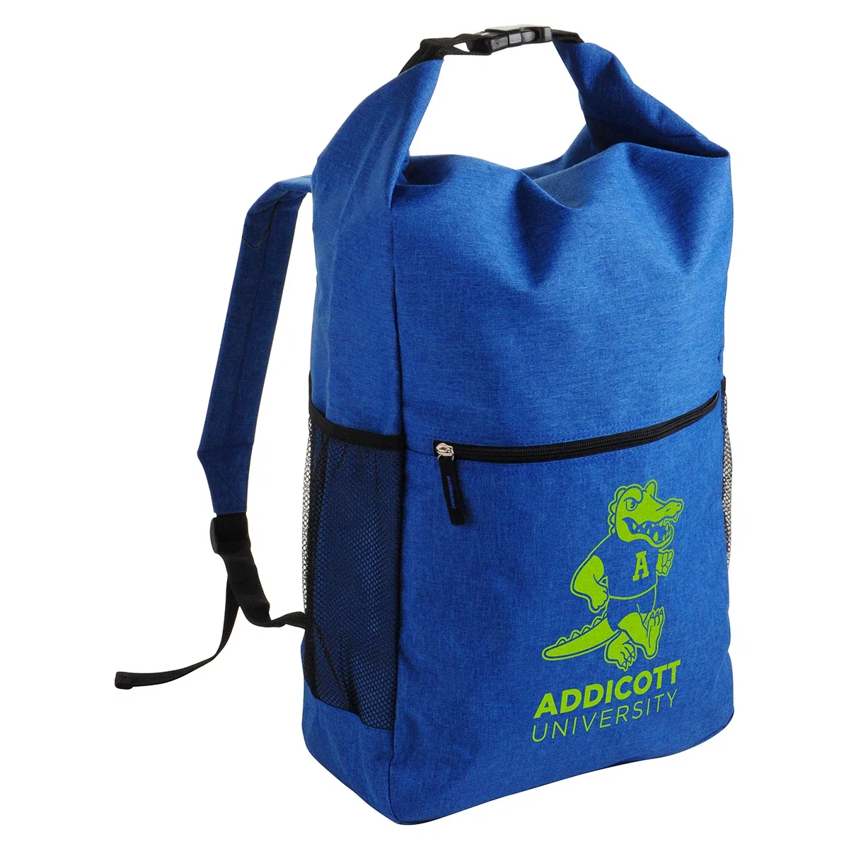 Side profile of the promotional Bellerive Roll Top Backpack