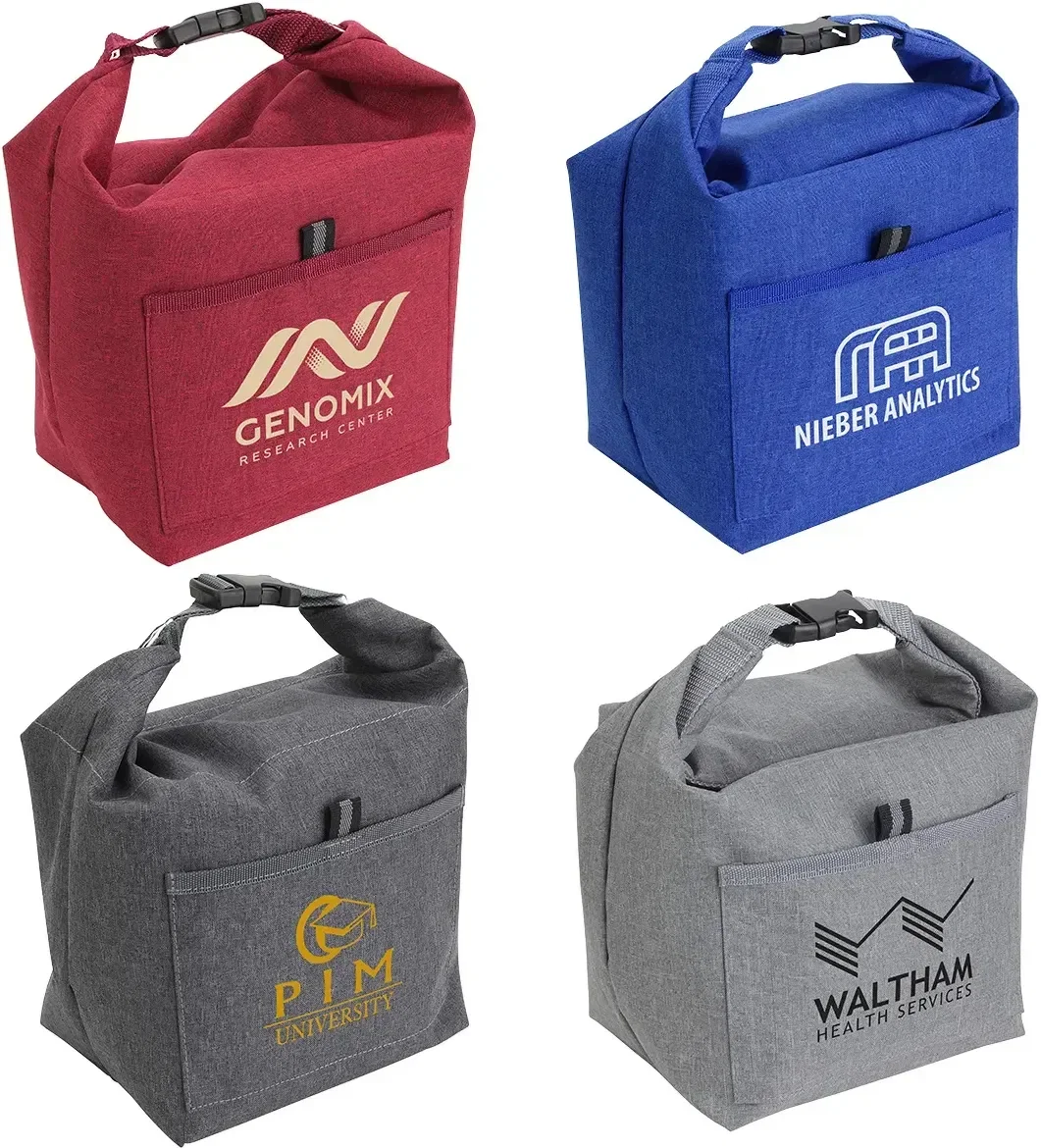 Bellevue roll-top insulated custom lunch tote with logo branding, front view