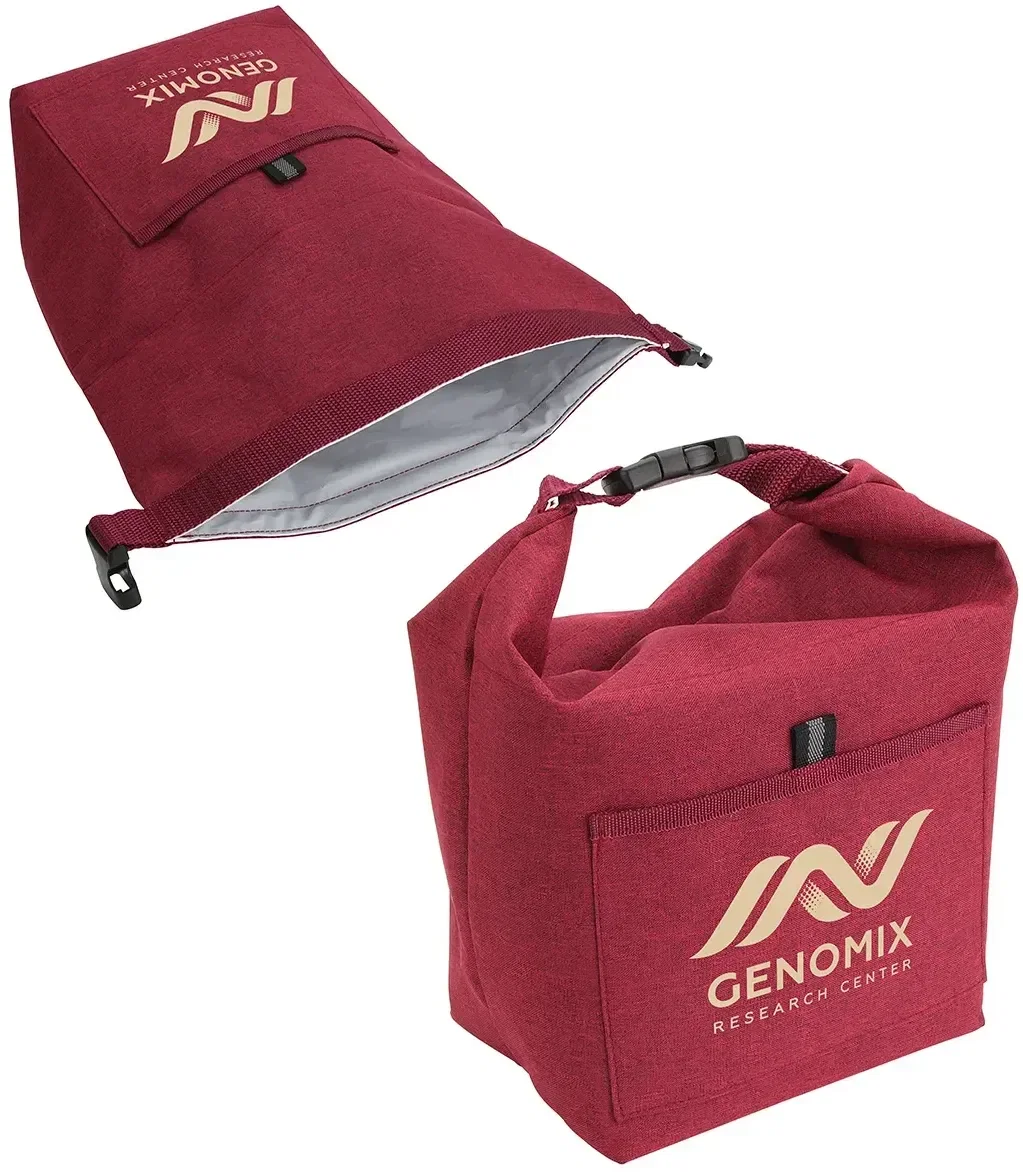 Branded Bellevue insulated lunch tote with roll-top closure, side view