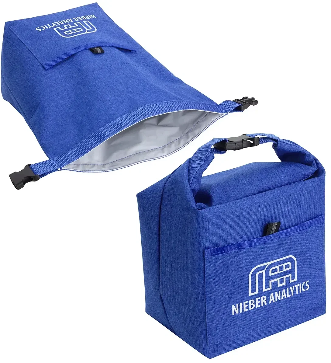 Promotional Bellevue roll-top lunch tote carried by strap, lifestyle shot