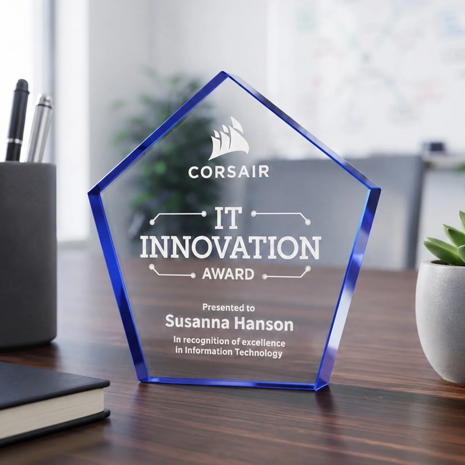 Personalized Starfire Crystal Pentagon Award With Precision-Cut Edges, desk awards for safety achievement programs