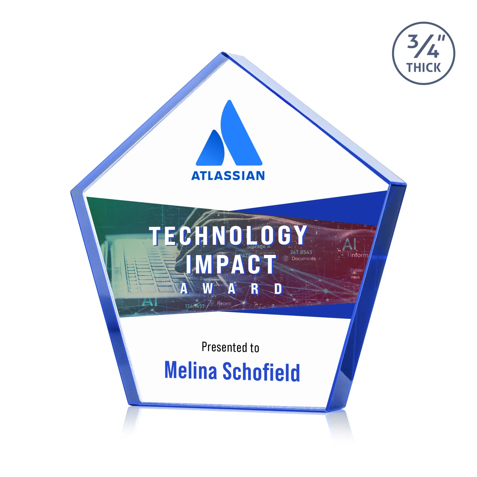 Branded Starfire Crystal Pentagon Award With Precision-Cut Edges, desk awards for graduation ceremonies