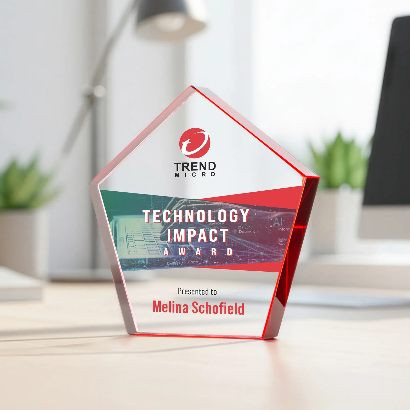 Custom printed Starfire Crystal Pentagon Award With Precision-Cut Edges, desk awards for sales achievement awards
