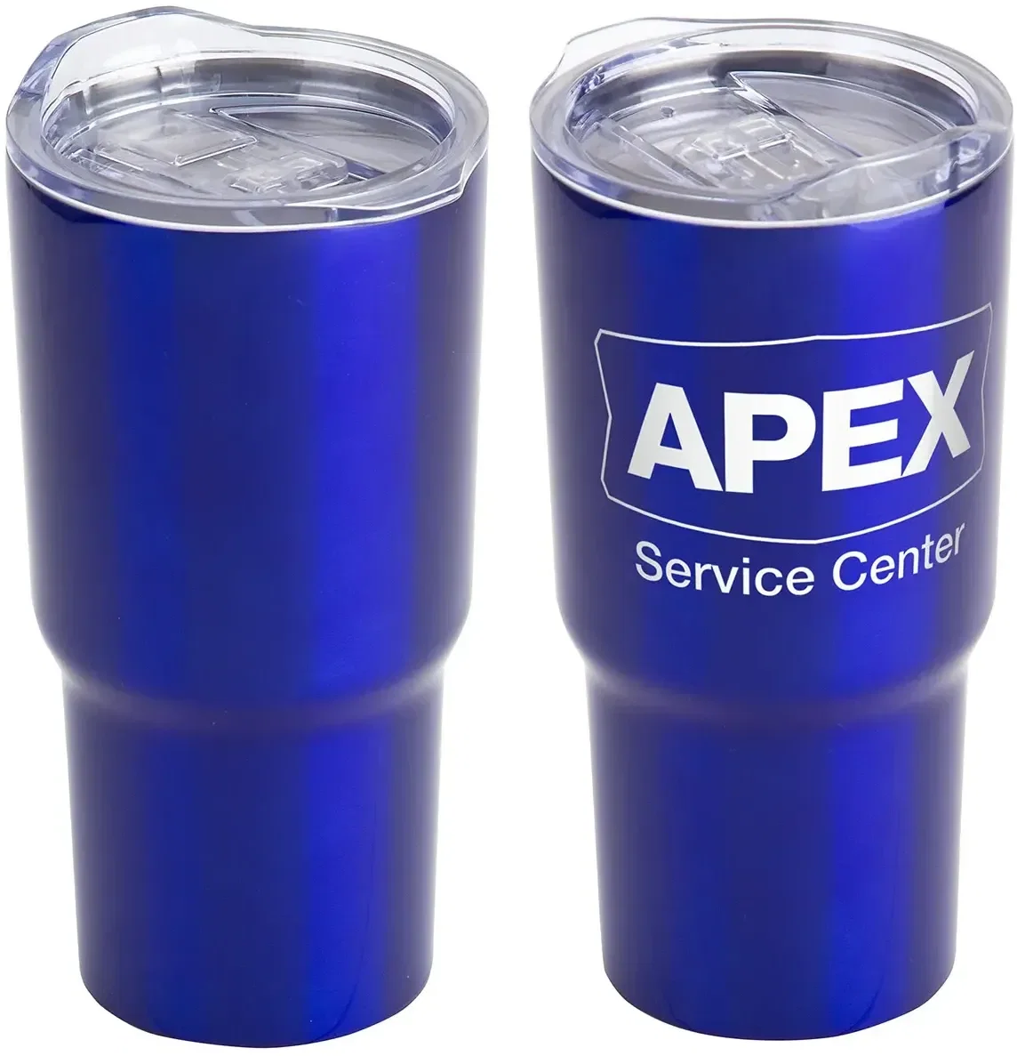 Branded Belmont travel tumbler showing the sliding lid, custom promotional stainless steel drinkware