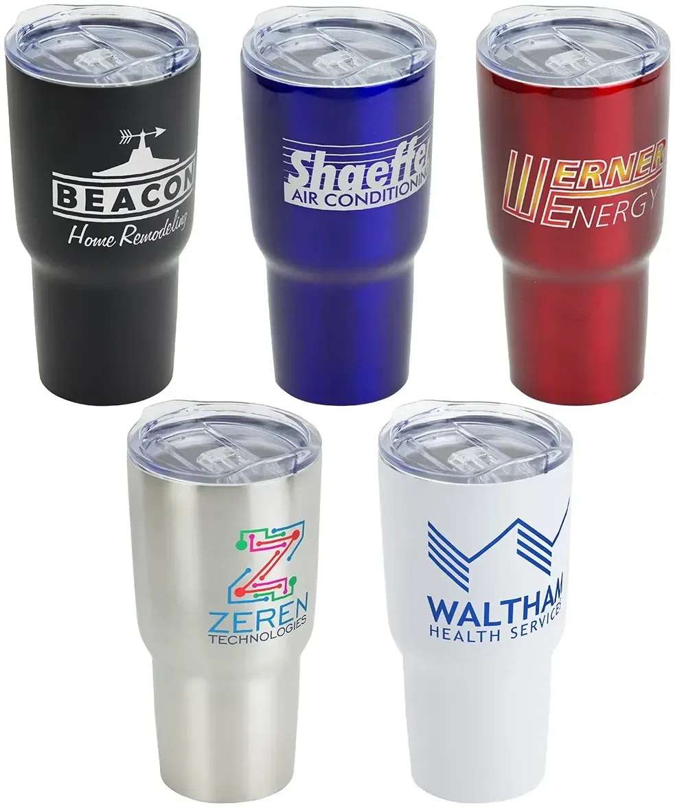 Belmont tapered-base 30 oz travel tumbler, custom branded promotional drinkware, front view