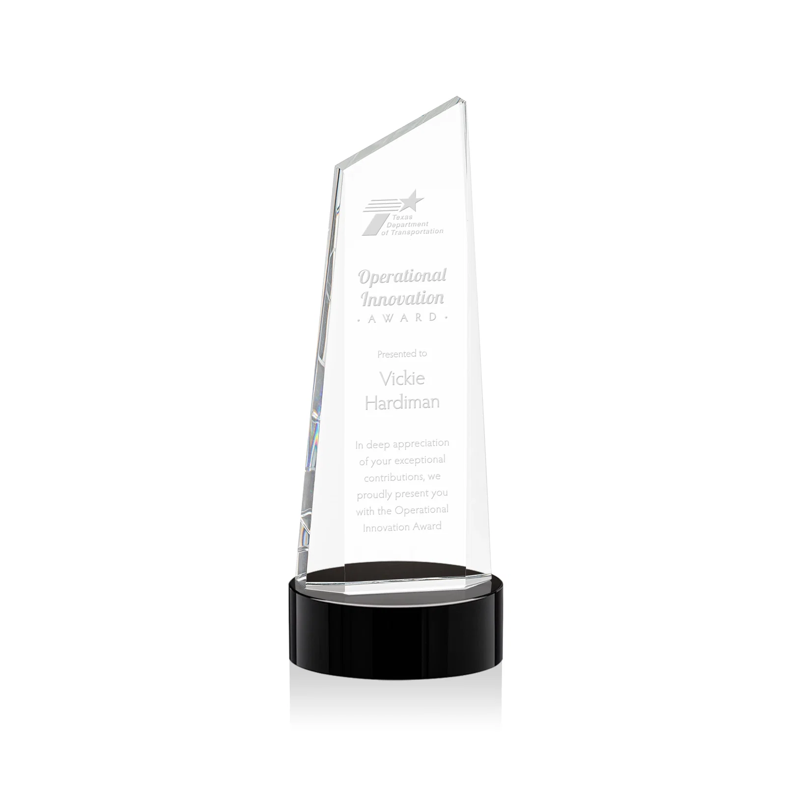 Custom Optical Crystal Tower Award with Slanted Top for dealer and partner awards