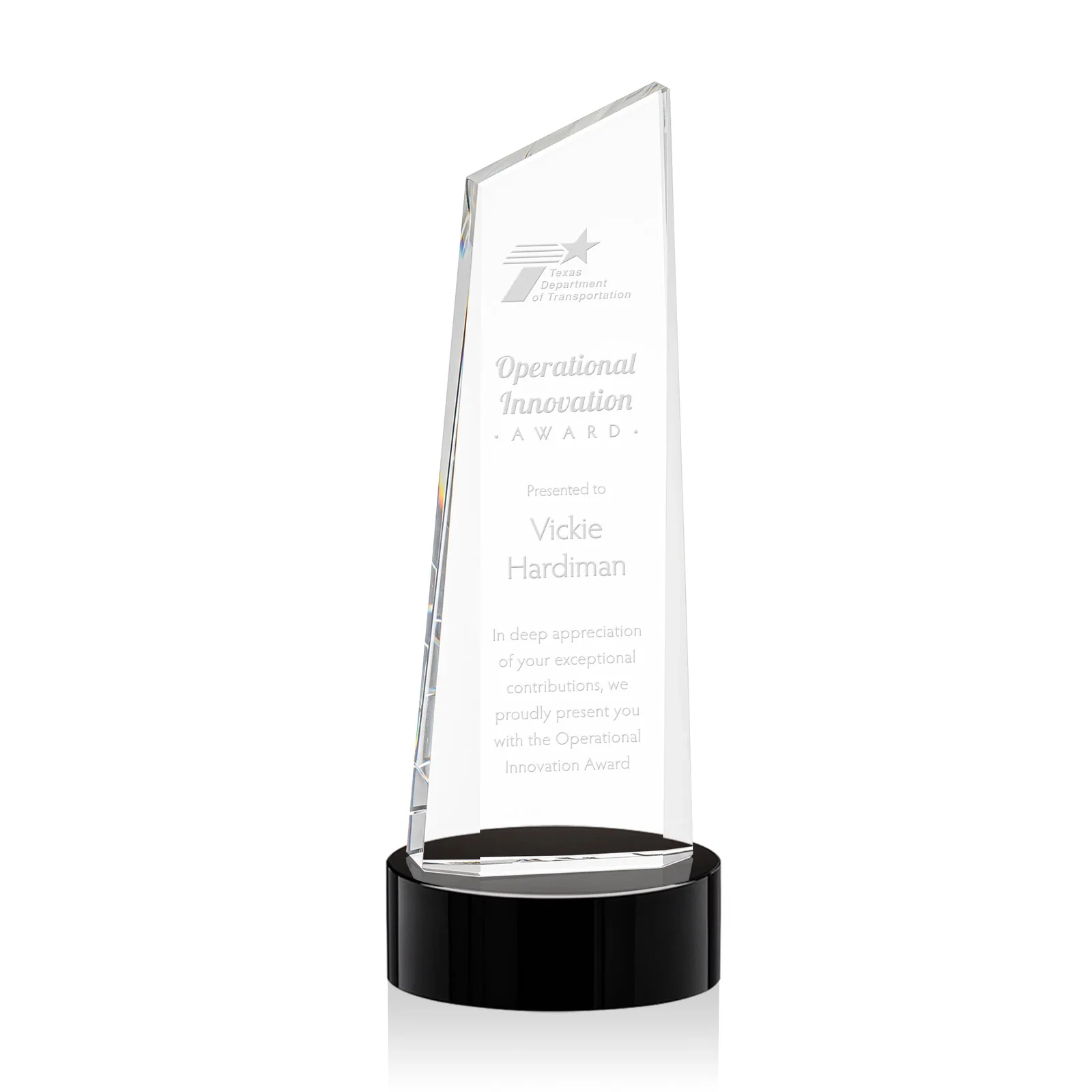 Custom Optical Crystal Tower Award with Slanted Top for company anniversary events