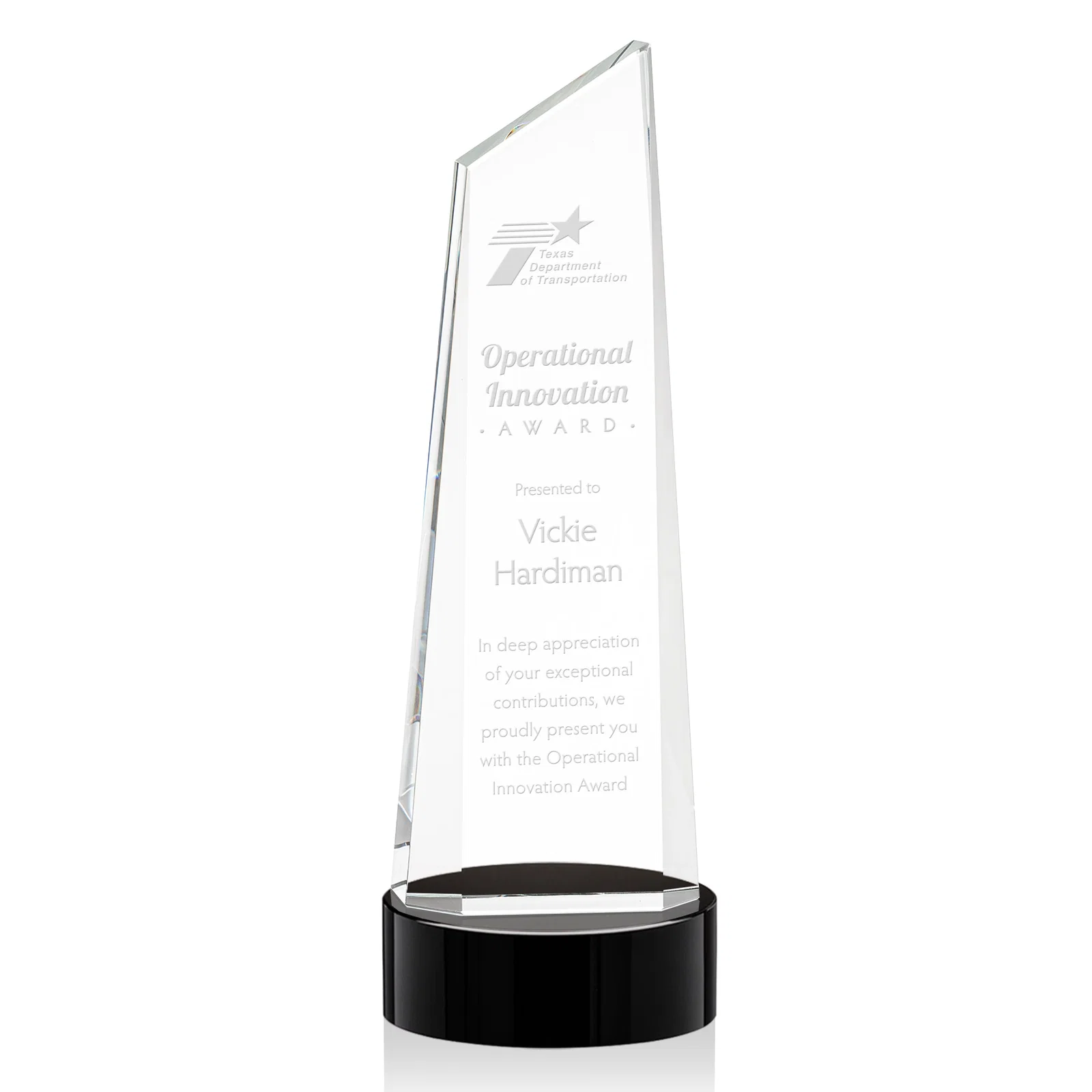 Personalized Optical Crystal Tower Award with Slanted Top for employee recognition