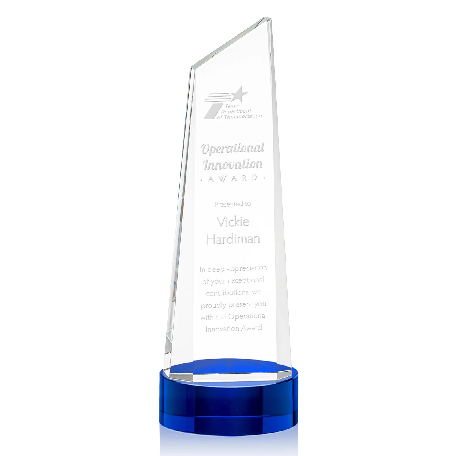 Personalized Optical Crystal Tower Award with Slanted Top for retirement presentations