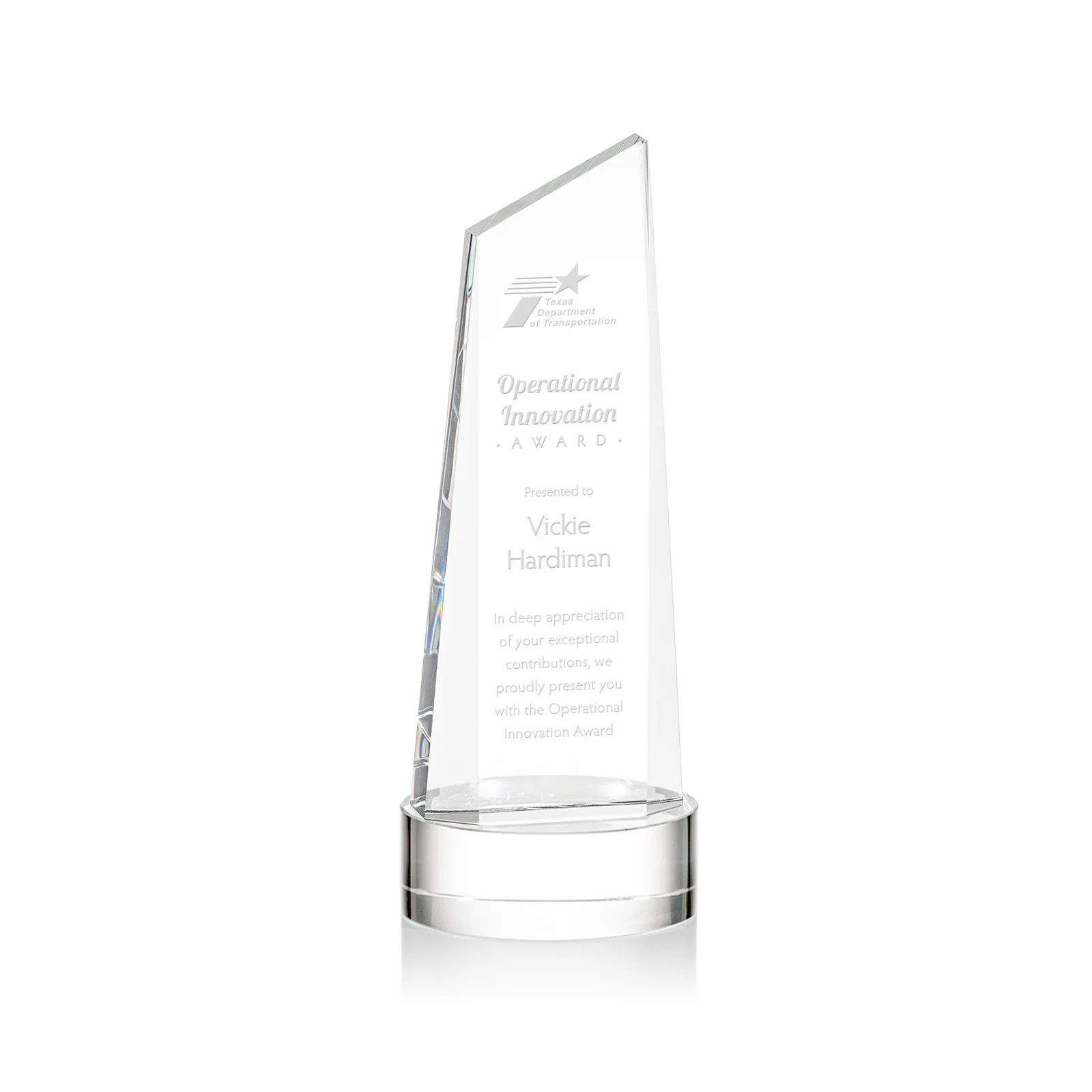 Custom Optical Crystal Tower Award with Slanted Top for corporate award ceremonies