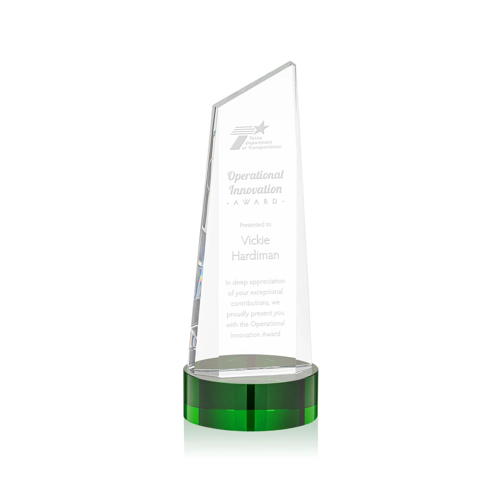 Custom Optical Crystal Tower Award with Slanted Top for donor appreciation