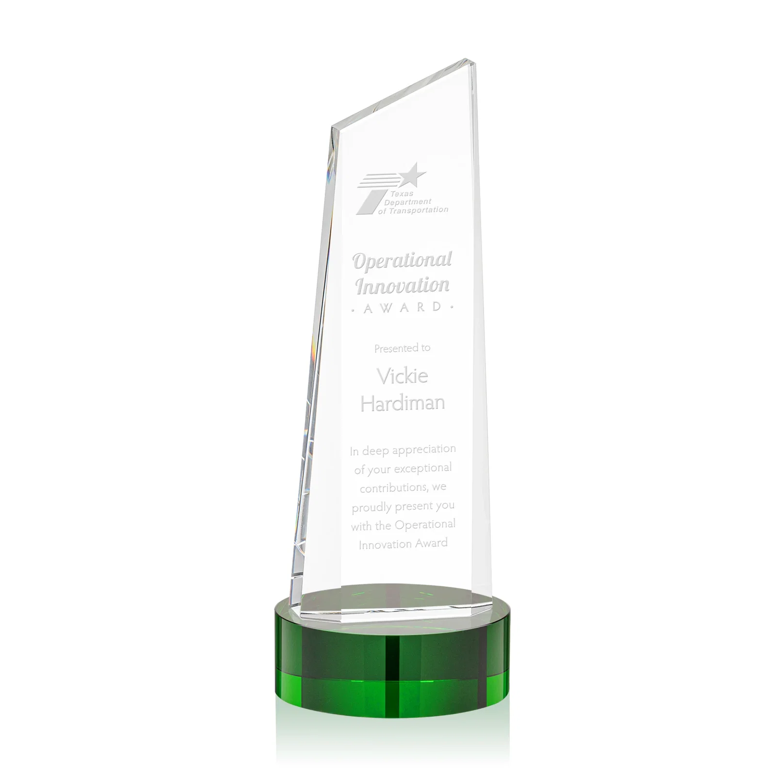 Custom Optical Crystal Tower Award with Slanted Top for graduation ceremonies