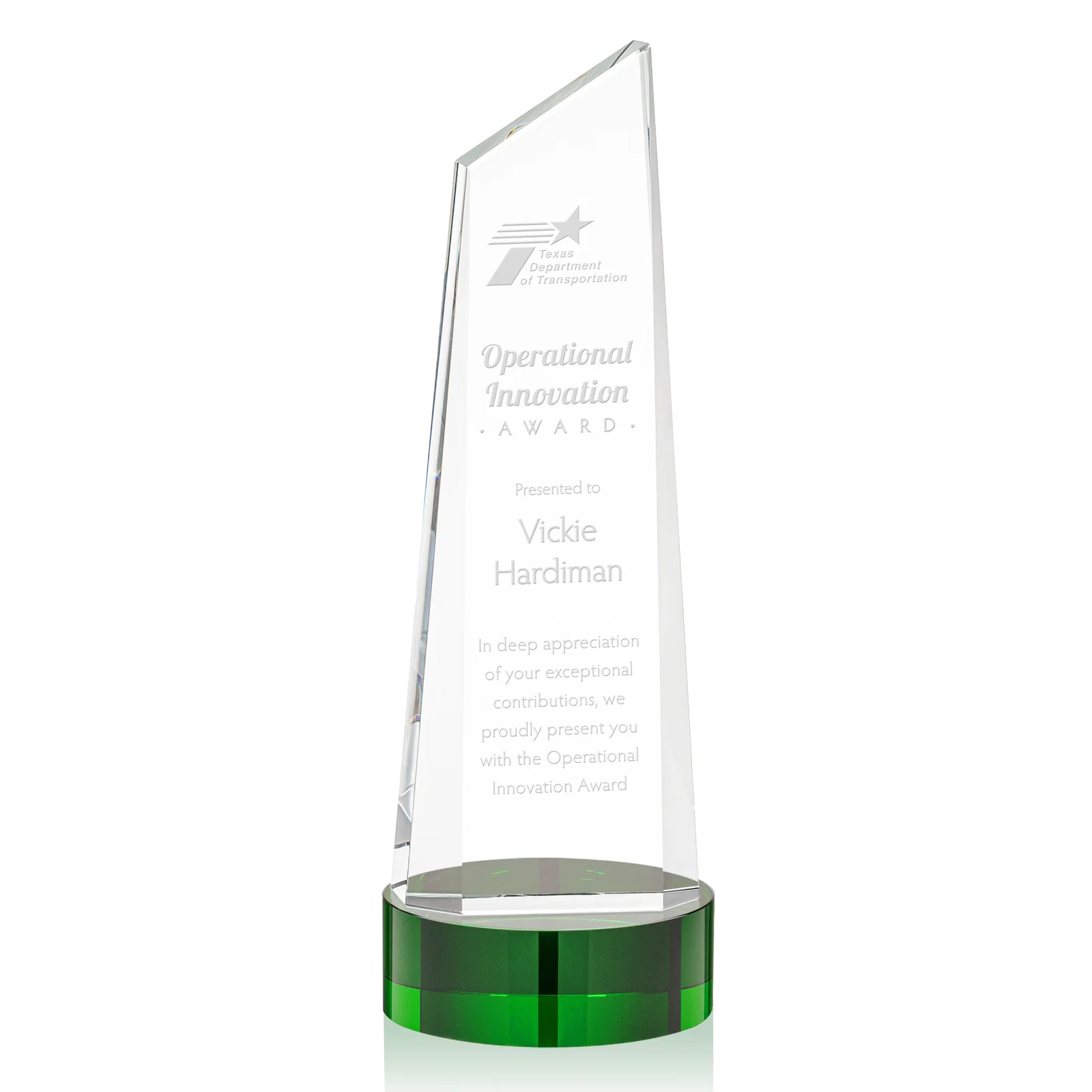 Custom Optical Crystal Tower Award with Slanted Top for safety achievement programs