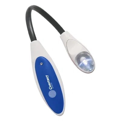 Blue trimmed reading lamp with its neck curved forward