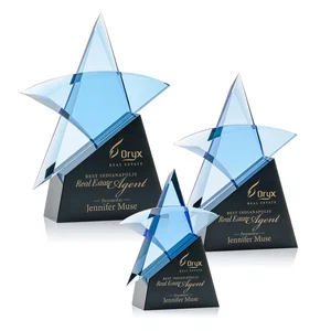 Blue Optical Crystal Star Award with Deep Bevels on Black Base