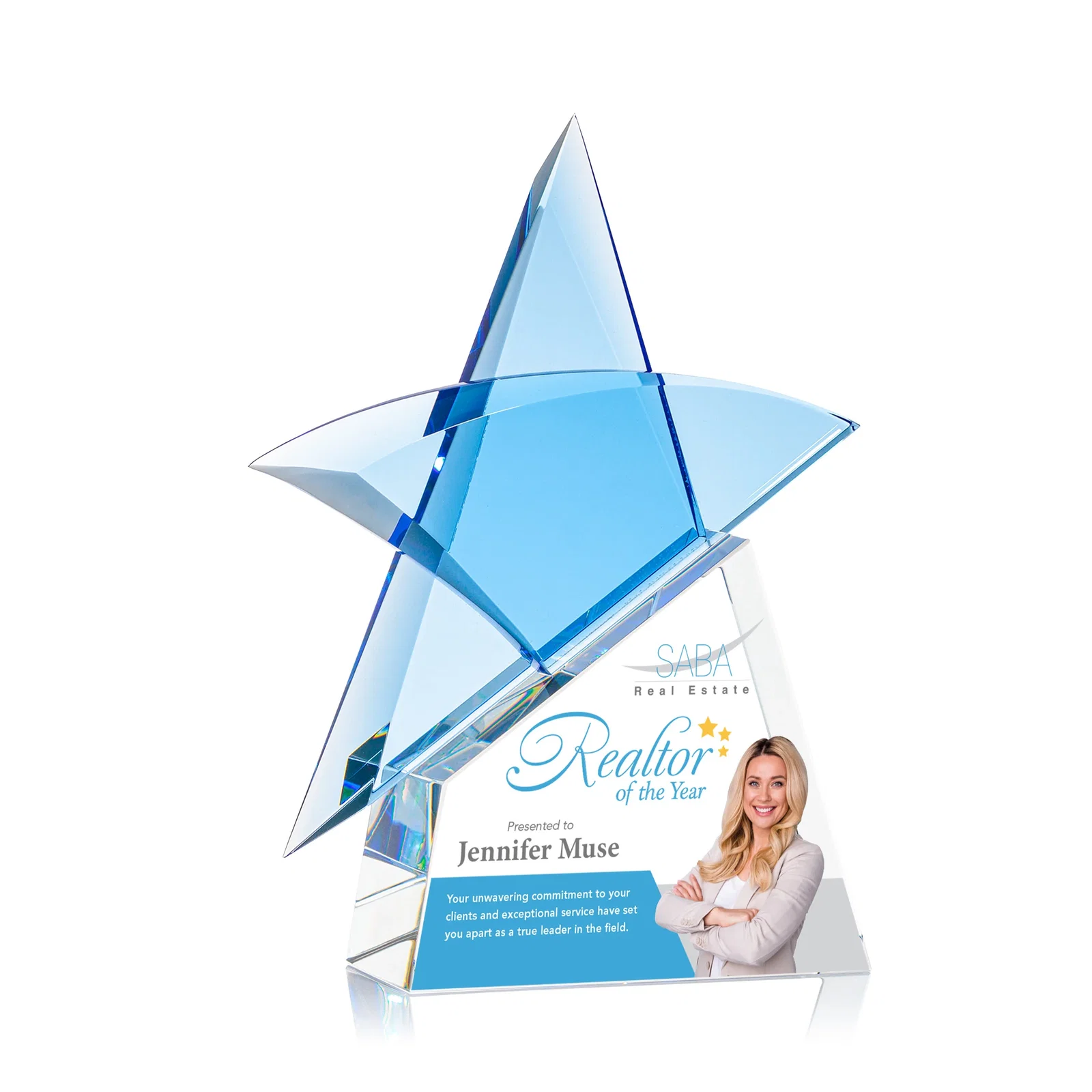 Personalized Blue Optical Crystal Star Award with Deep Bevels on Black Base for employee recognition