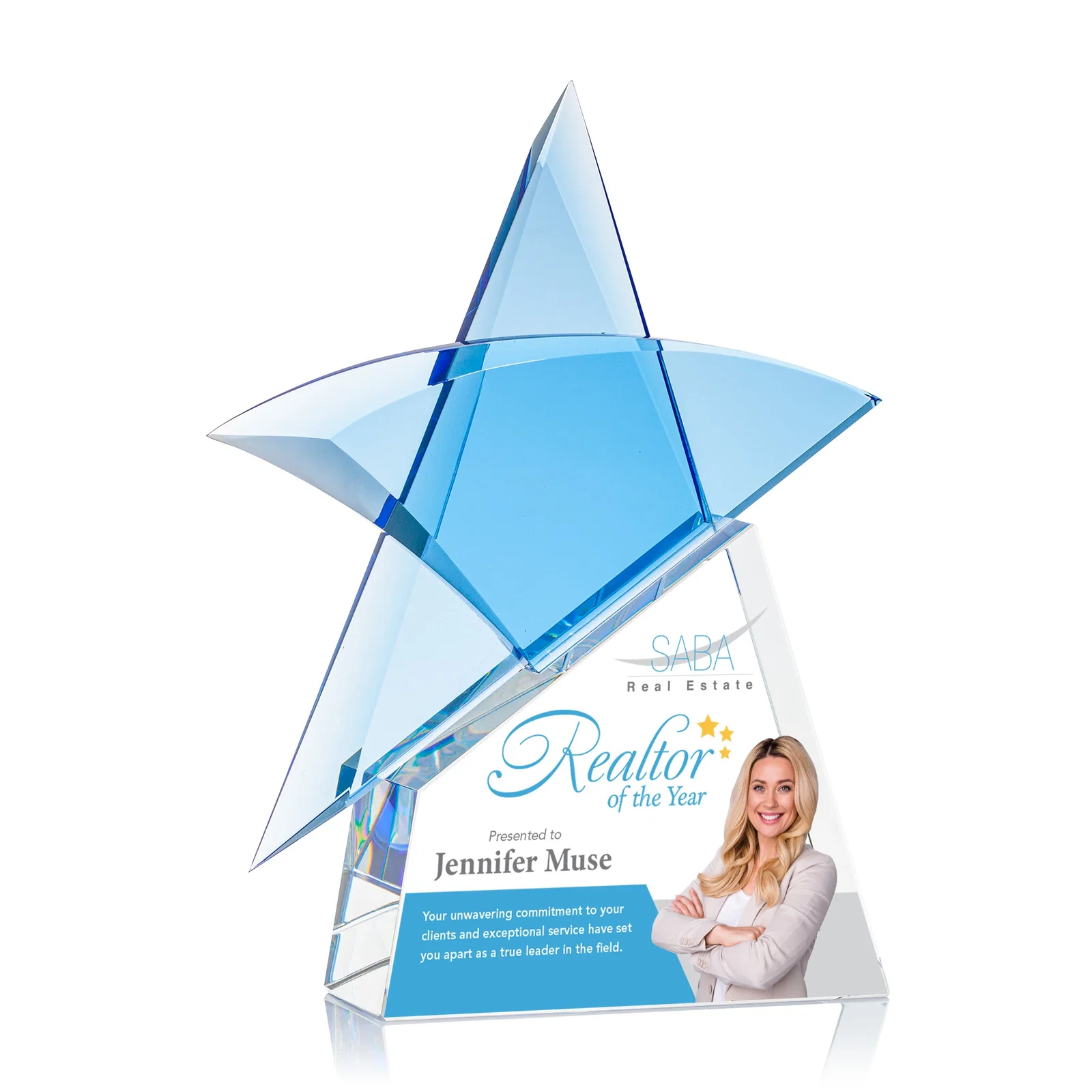 Personalized Blue Optical Crystal Star Award with Deep Bevels on Black Base for corporate award ceremonies