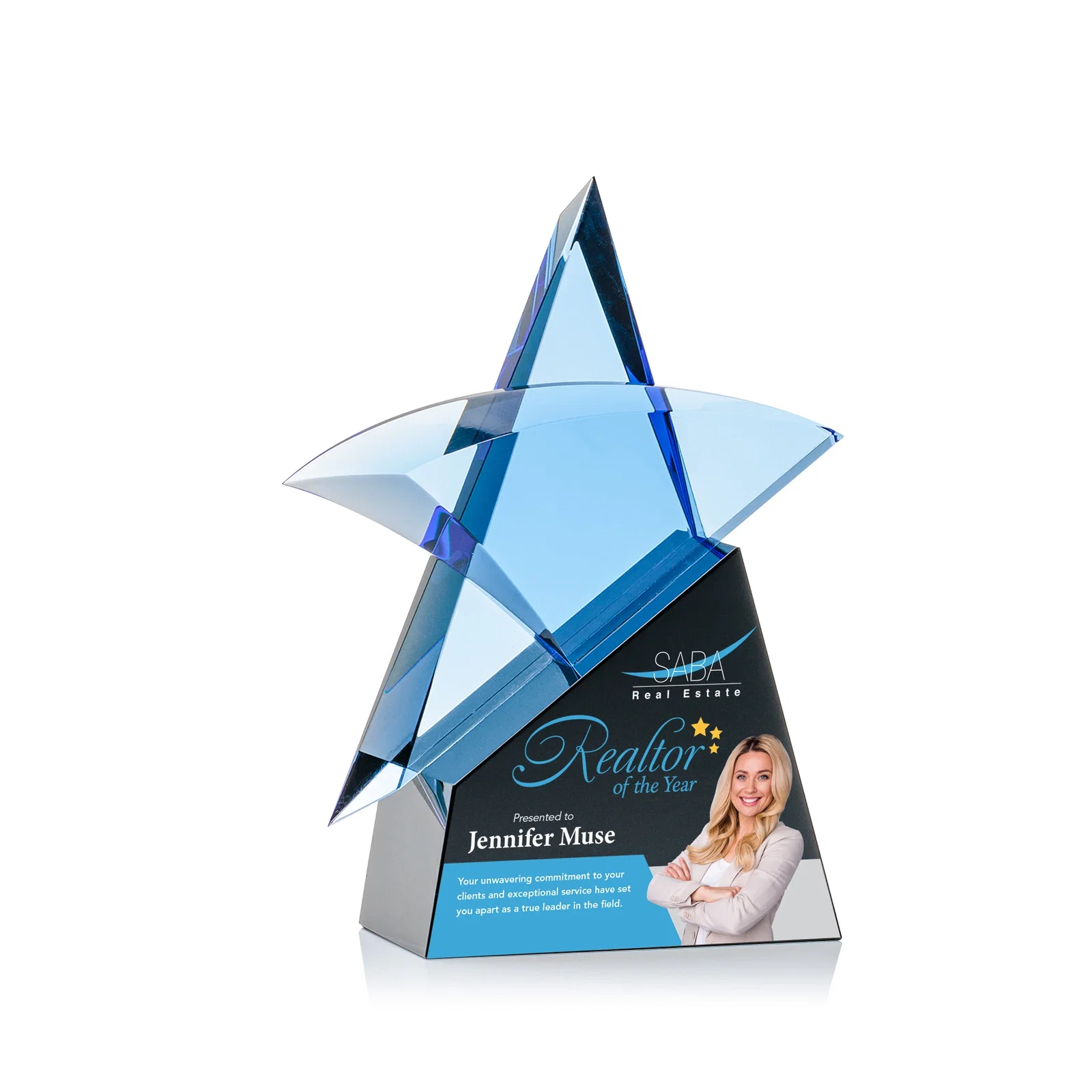 Personalized Blue Optical Crystal Star Award with Deep Bevels on Black Base for sales achievement awards