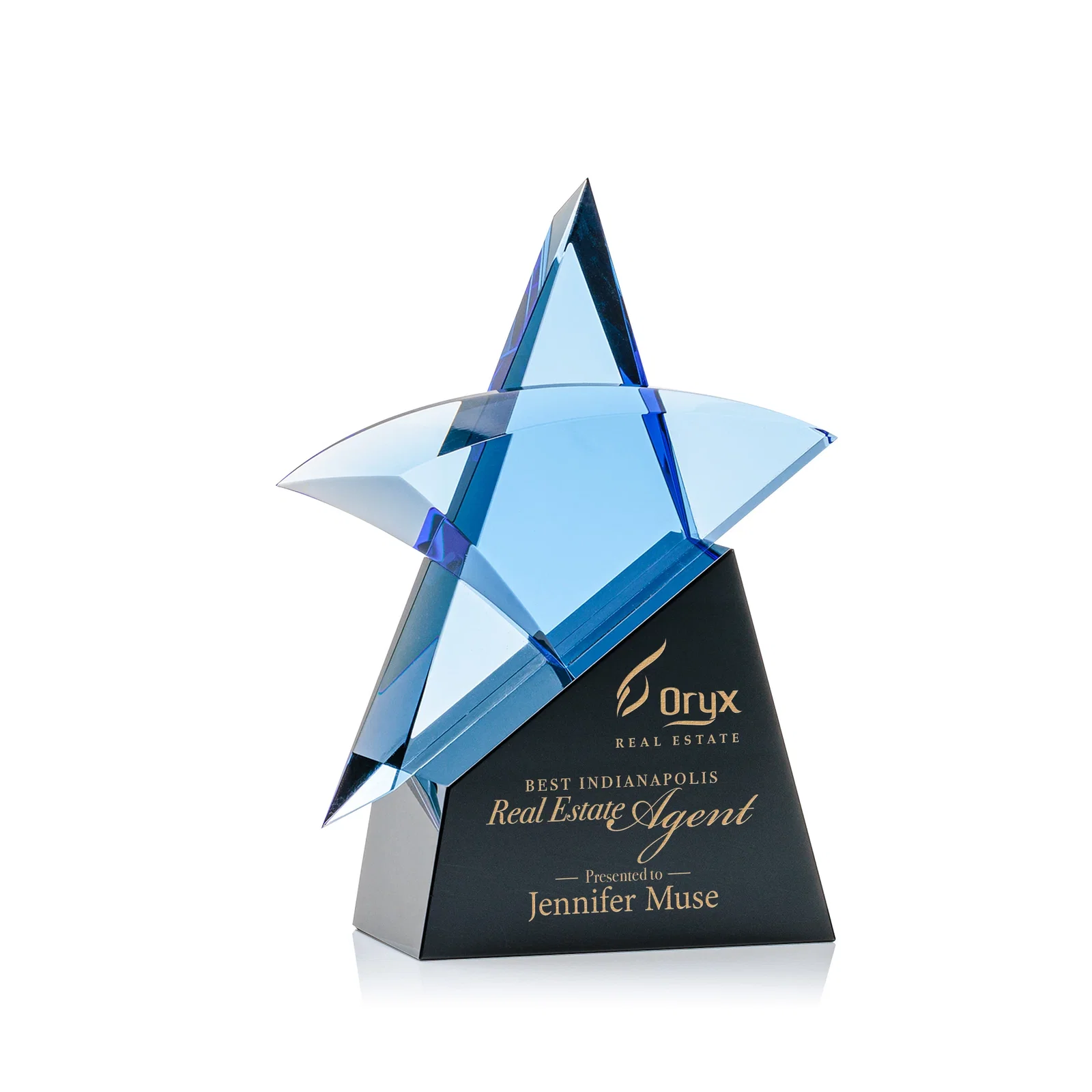 Custom Blue Optical Crystal Star Award with Deep Bevels on Black Base for corporate award ceremonies