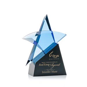 Blue Optical Crystal Star Award with Deep Bevels on Black Base